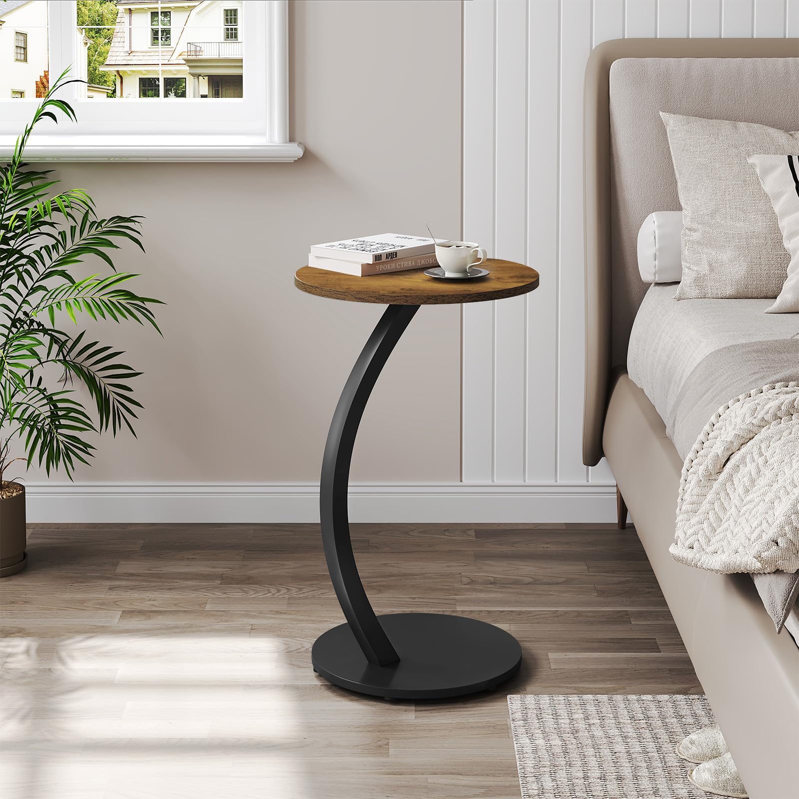WOLTU Table d'Appoint en Forme C, Table Basse Ronde | Métal et Bois Artificiel,ASSEMBLAGE FACILE,Convient au salon,Capacité de charge maximale de 10 kg,Effet Bois Vintage,φ40x65cm