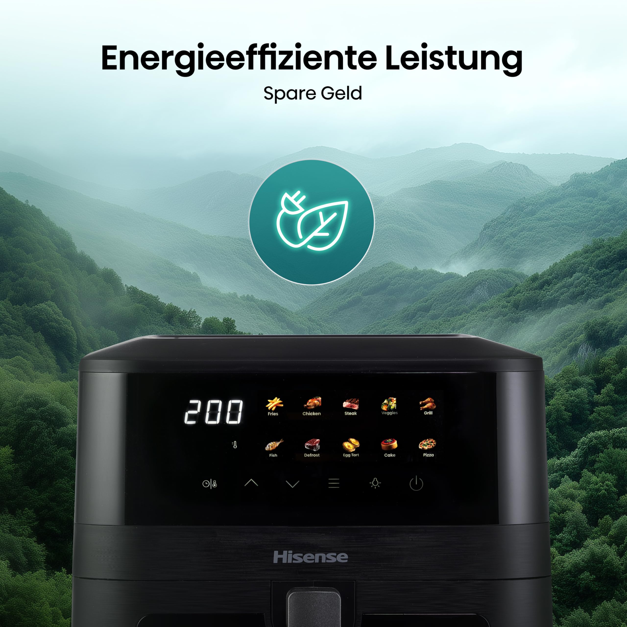Hisense HAF2100DCD Heißluftfritteuse /2100 W /7,7 L Kapazität /10 voreingestellte Programme/Antihaft-Beschichtung/Energieeffizient/Start Delay Funktion/HxBxT: 40,1 x 31 x 35 cm/Schwarz