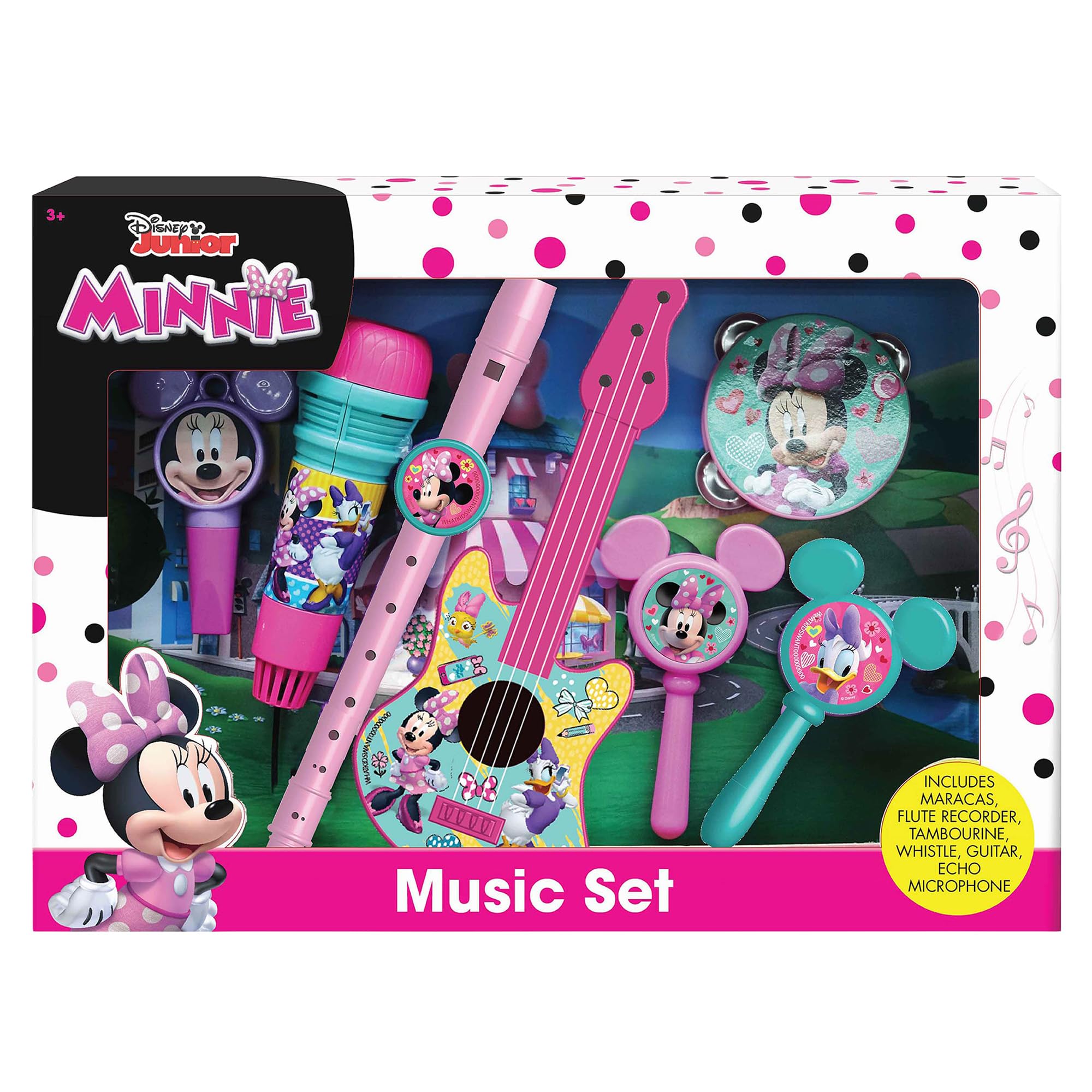 Disney Junior Minnie Mouse - Set musicale extra large, 7 pezzi, include maracas, flauto, tamburello, fischietto, chitarra e microfono eco