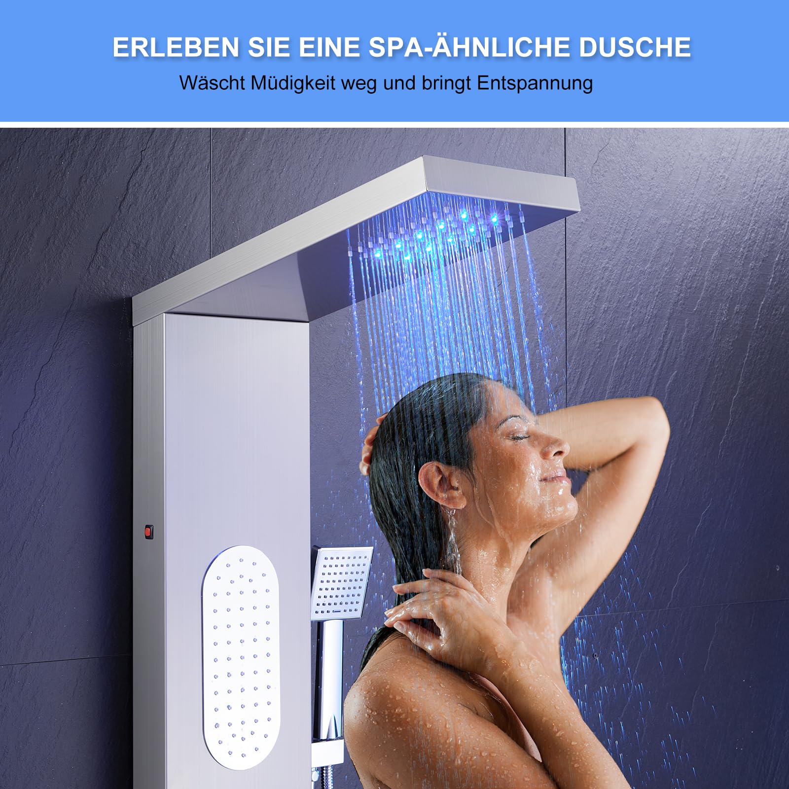 Duschpaneel LED 5-in-1 gebürsteter Edelstahl mit Armatur