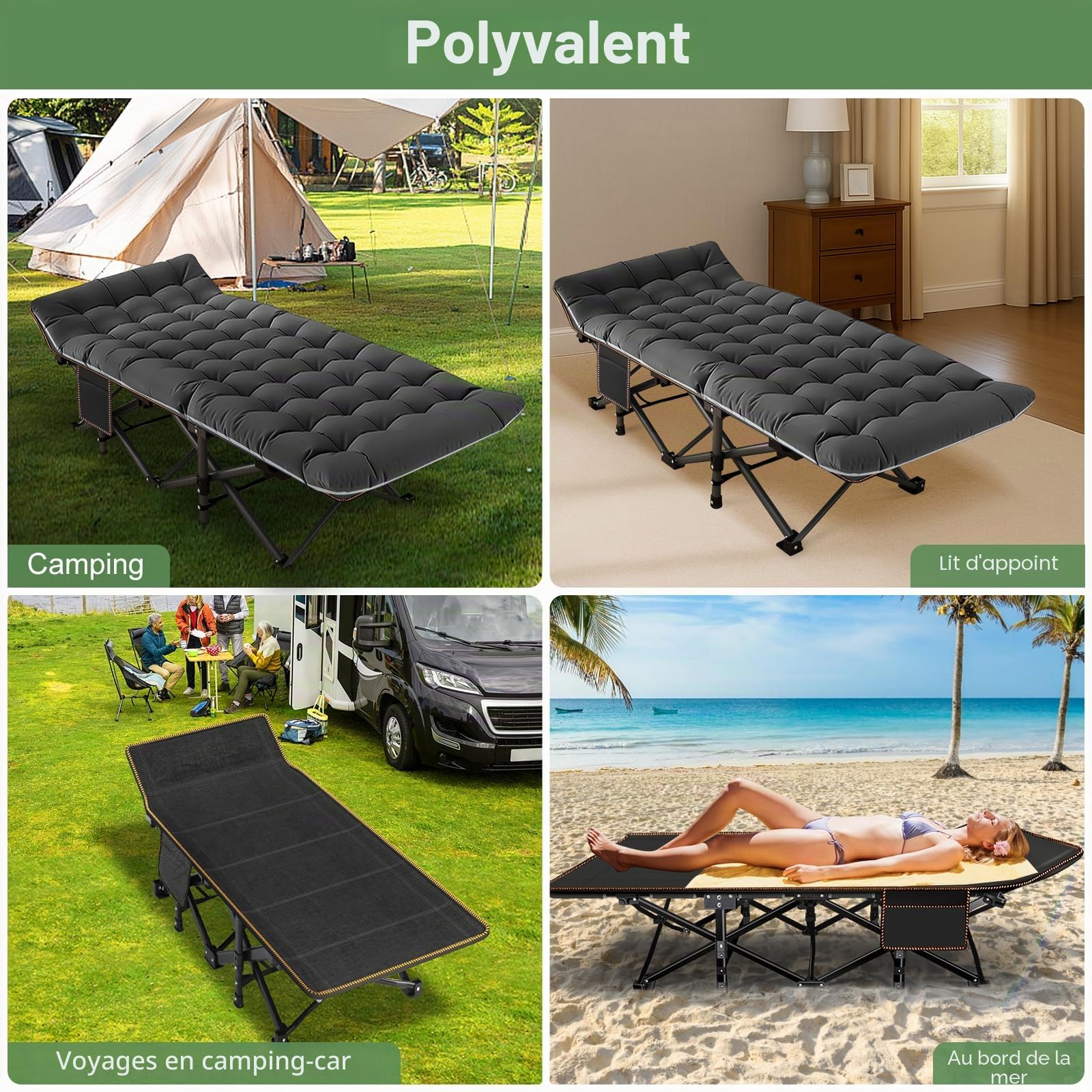 Lit pliant extra-large avec matelas – 46 cm de large, cadre en acier robuste de 400 kg et tissu Oxford, 198x81x46 cm, idéal pour les adultes, le jardin et les voyages (XXL Noir)