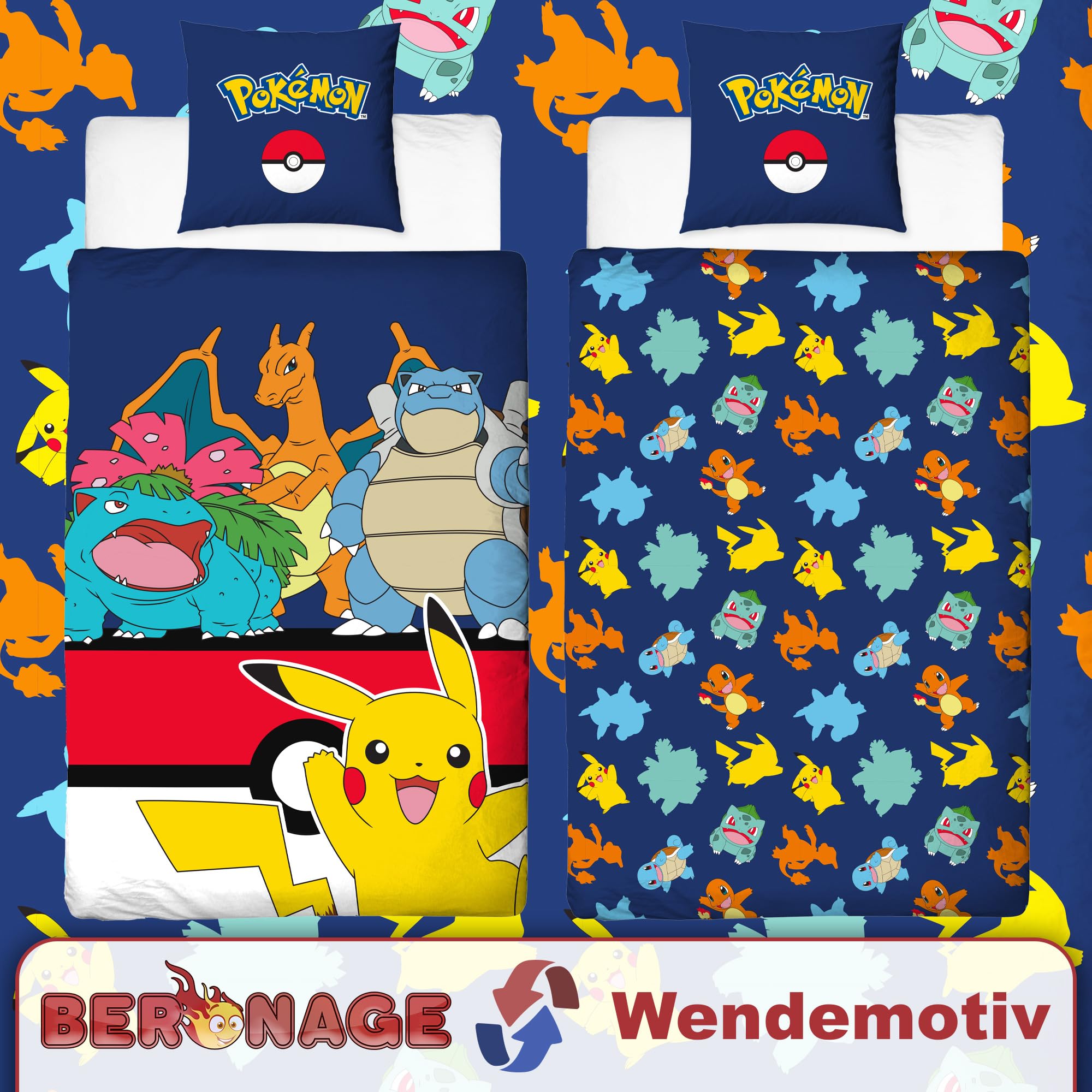 Pokemon Kinder Wende-Bettwäsche Pikachu Glurak Bisaflor Turtok 135x200 cm + 80x80 cm 100% Baumwolle Renforcé-Linon Pokémon Kanto Starter Nintendo Anime Gaming Deutsche Größe