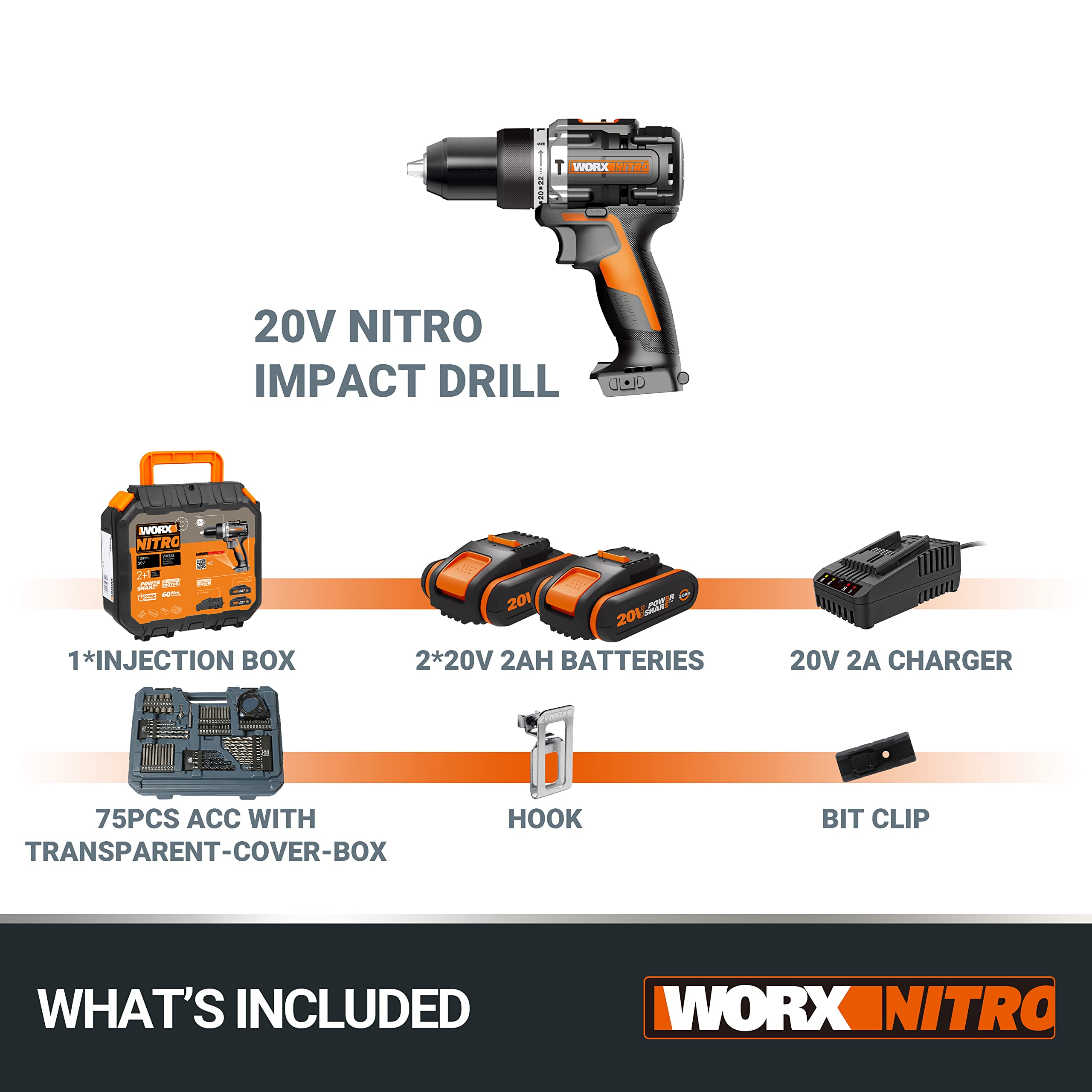 WORX Nitro WX352.4 akumulatorowa wiertarka udarowa 20 V, silnik bezszczotkowy, 60 Nm, regulowana prędkość obrotowa, światło LED (w zestawie 75 sztuk bitów, 2 akumulatory 2,0 Ah PowerShare w zestawie)