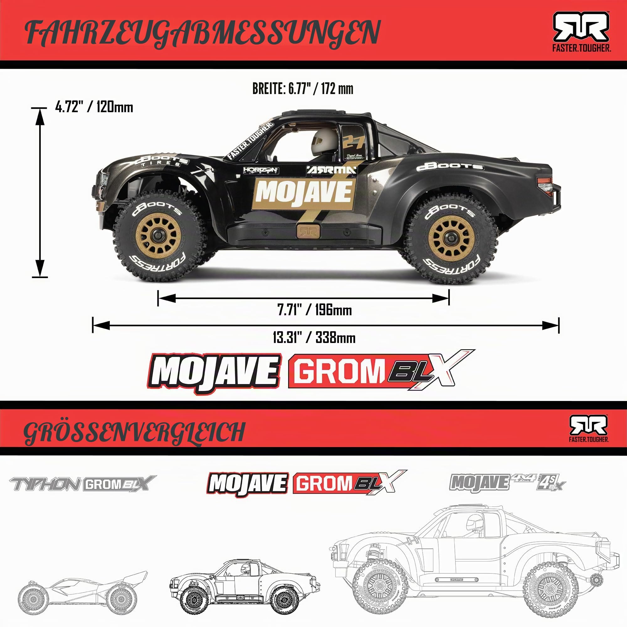 ARRMA RC Truck Mojave GROM 4X4 223S BLX BRUSHLESS Small Scale Desert Truck RTR (Akku und Ladegerät Nicht im Lieferumfang enthalten) mit DSC, Schwarz, ARA2304T1