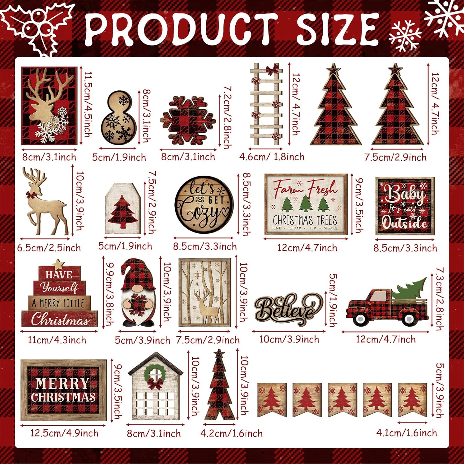 Shellwei 24 Pcs Christmas Tiered Tray Decor Wood Rustic Christmas Decoration for Home Table Shelf Winter Farmhouse Decor Xmas Trees Gnome Elk Snowflake Signs (Buffalo Plaid) - Image 3