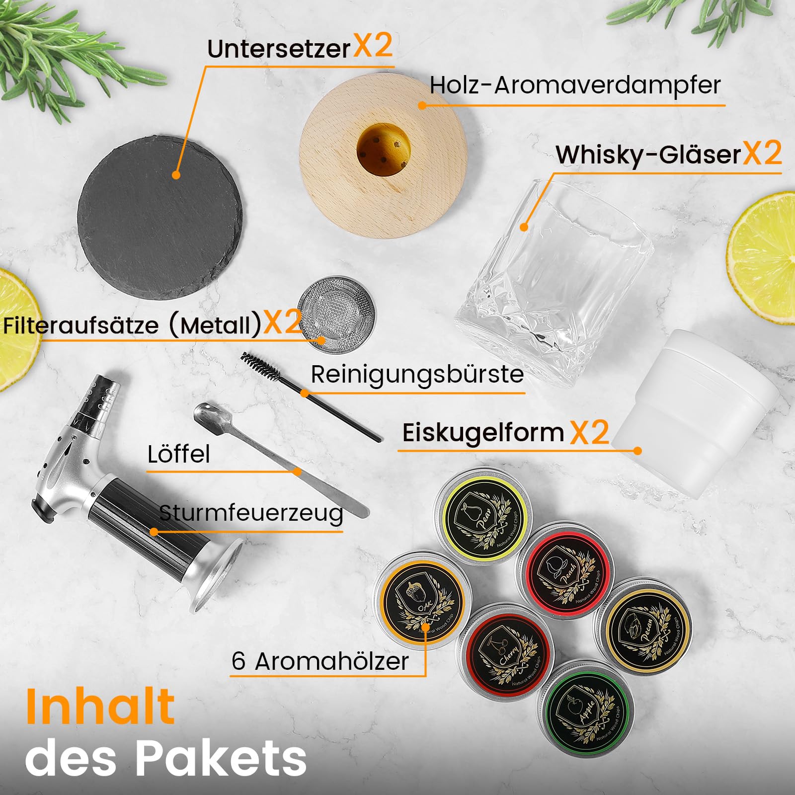 Whiskey Cocktail Smoker Set mit Brenner, 6 Geschmacksrichtungen Holzspäne, 2 Gläser, 2 Eisball-Formen, Bourbon Old Fashioned Drink Räucher-Kit, Geschenk für Männer Väter Ehemänner Freunde (ohne Butan)