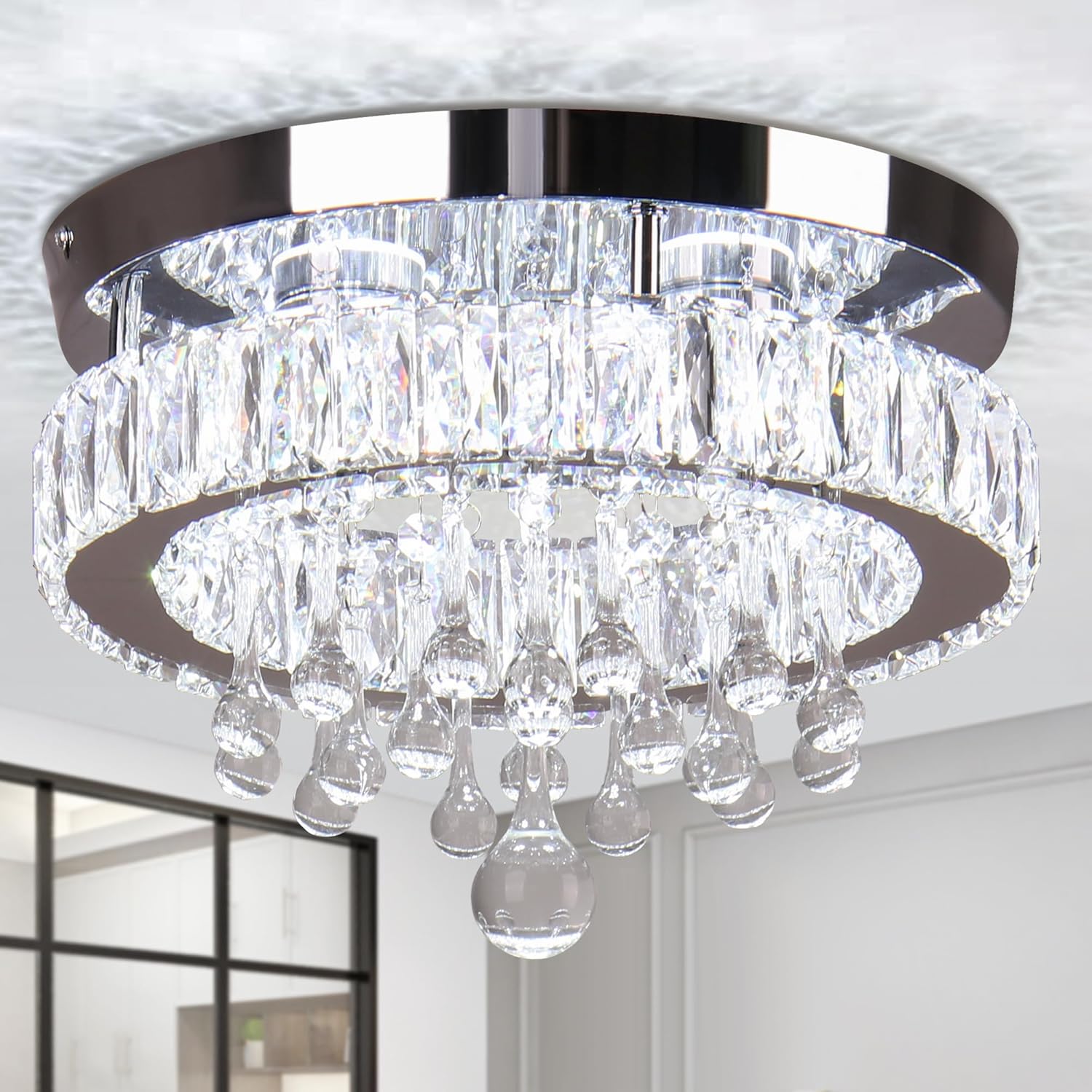 11.8" Crystal Chandeliers Flush Mount Chandelier Ceiling Light Fixture Modern Crystal Ceiling Light for Bedroom Living Room Hallway 6500K White Light