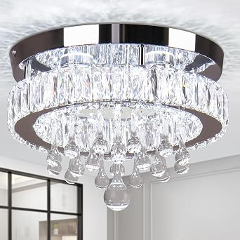 11.8" Crystal Flush Mount Chandelier Ceiling Light Cool White | Crystal flush mount cool white ceiling light for living room bedroom and hallway 6500K White Light