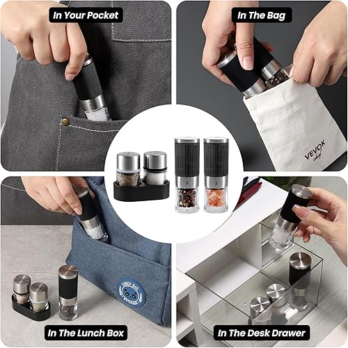 Miniatura 2 de VEVOK CHEF Mini molinillo de sal y pimienta con 2 pequeños saleros y pimenteros, portátil, bonito, molinillo de especias pequeño, molinillo de sal