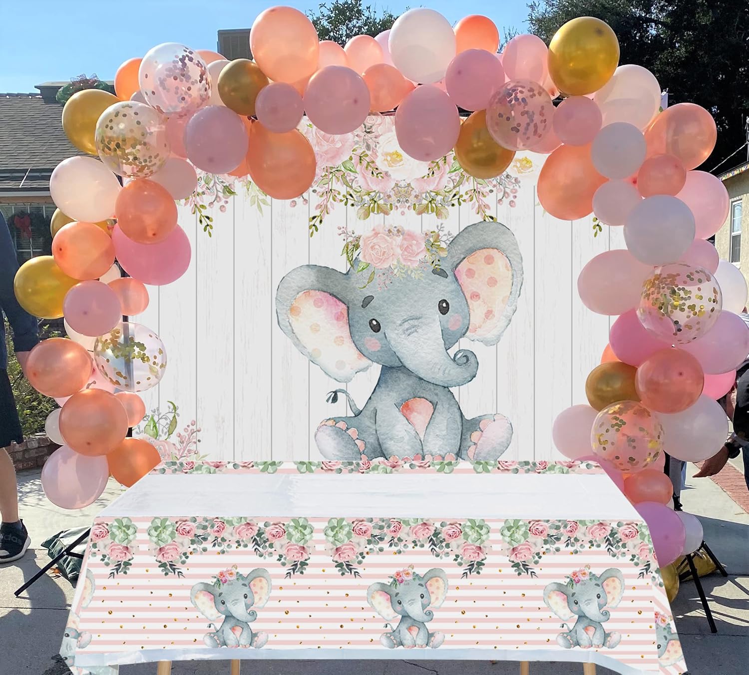 Pink Watercolor Elephant Baby Shower Party Supplies,Pink Elephant Flowers Party Backdrop Elephant Theme Tablecloth 2pcs,Covers for Boy Girl Gender Reveal Birthday Party Decorations (6x4FT)