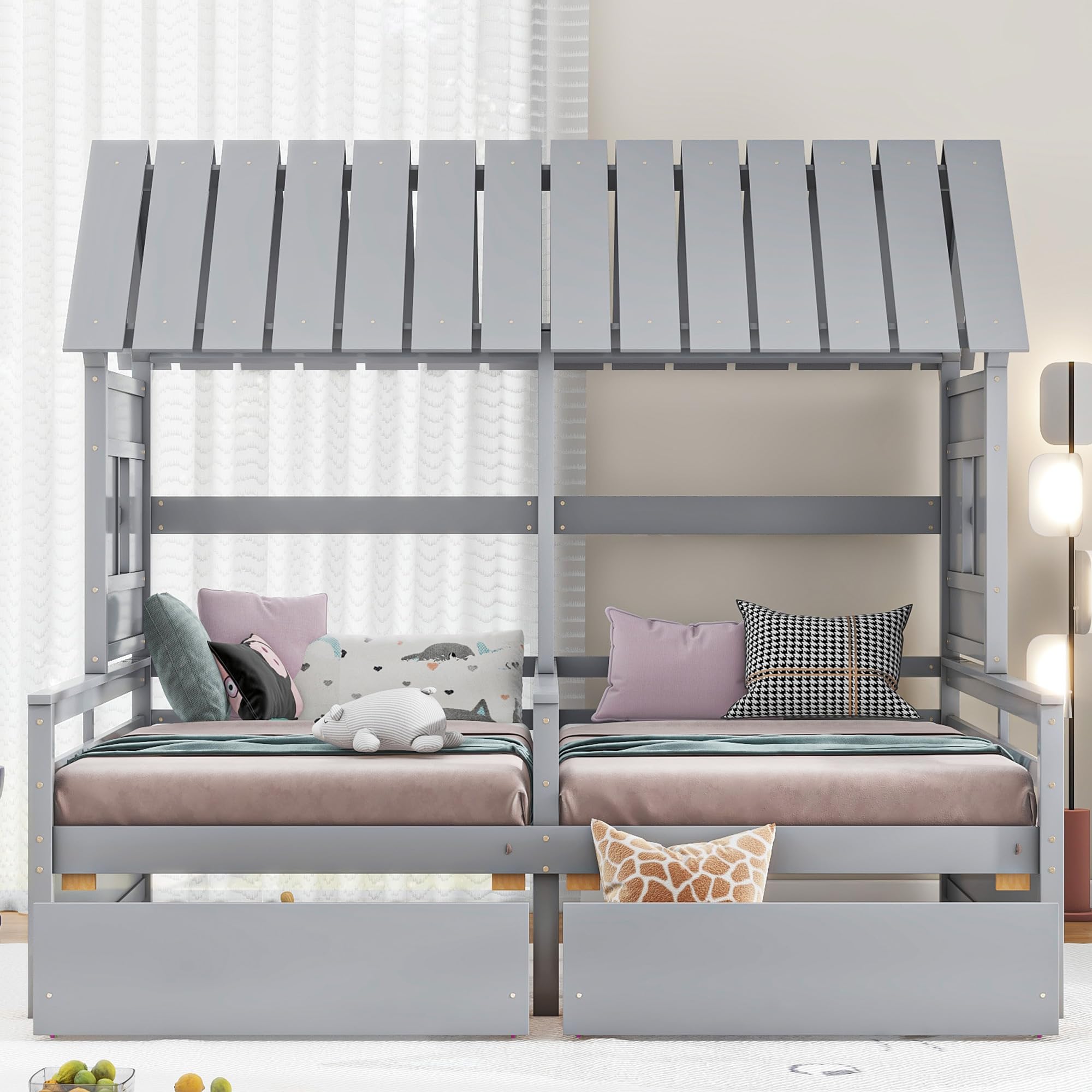 VeroFree Twin Size House Platform Beds with 2 Drawers for Kids, Side-by-Side Shared Bed for Boy & Girl, Gray Finish, Space-Saving Storage (1 Drawer Each)