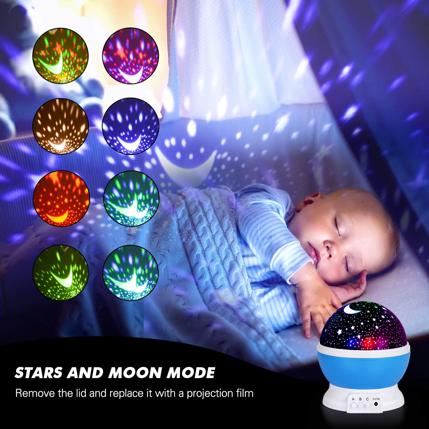 SUNNEST GYROBOWL Night Light Projector Christmas, 360-Degree Rotating 8 Colors, Upgraded 2 in 1 Kids Night Light Moon Star Projector and Undersea Lamp for Party Kids Baby Bedroom…Blue 4
