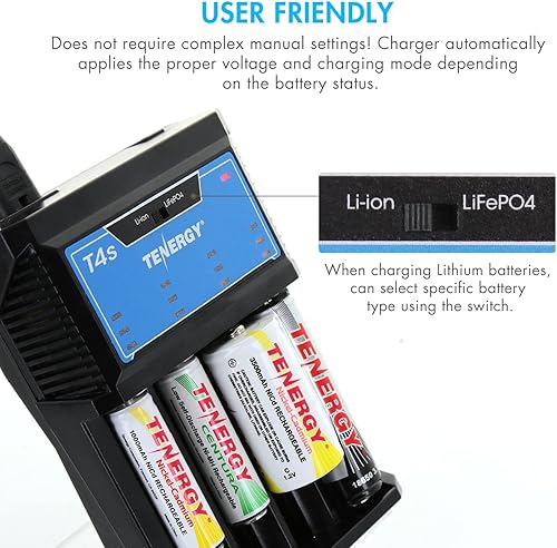 Miniatura 6 de Tenergy Baterías recargables NiMH C y cargador de batería T4s para baterías de iones de litio/NiMH/NiCd AA/AAA/C/18650, paquete de 2 celdas de