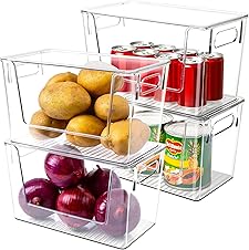 [54% off] 4 Pack Large Stackable Storage Bins, Plastic Container Organizer with Open Front, Pantry Organizers and Storage for Potato, Onion, Fruit and Vegetable, Clear Kitchen Laundry Organizer with Lid