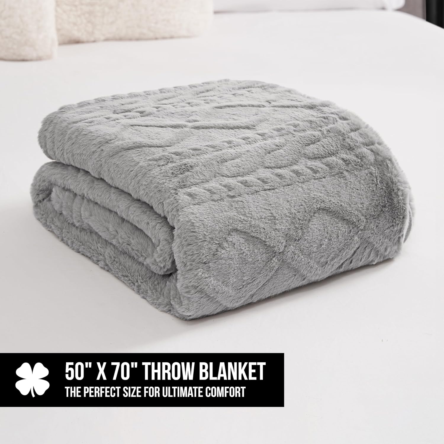 Lucky Brand Embossed Cable Rabbit Faux Fur Throw Blanket - Grey - 50"X70" - Plush & Soft - Image 2