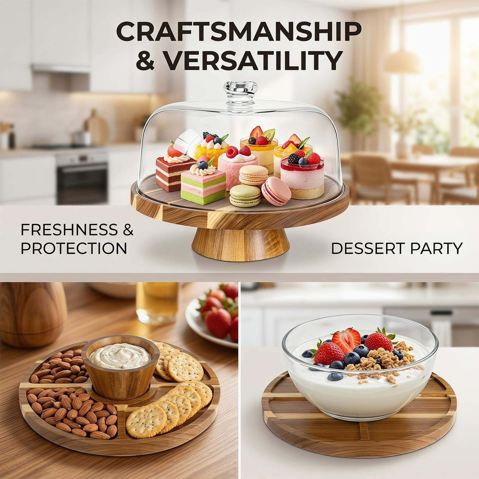 Bandeja para tartas de madera, bandeja para tartas con tapa, soporte multifuncional para tartas, 30 cm, redondo con pie, soporte para tartas para cumpleaños, bodas, fiestas, regalo (madera
