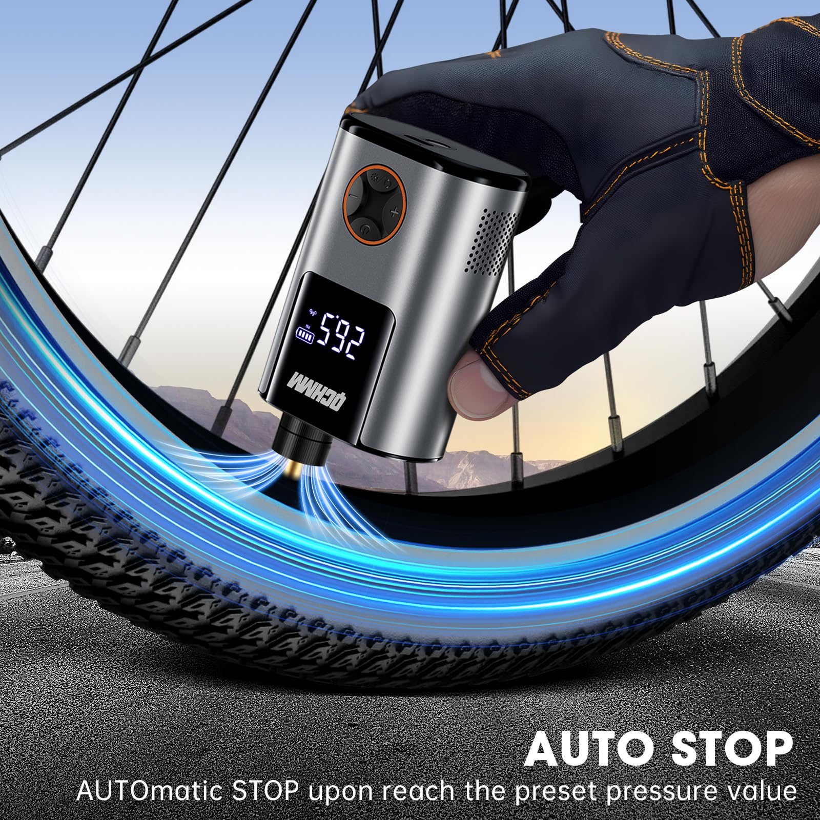 Fahrradpumpe Elektrisch, Mini Elektrische Luftpumpe Fahrrad,fahrradpumpe mit Manometer für Schrader- und Presta Ventil, 120PSI Akku Luftpumpe, PSI/BAR Units, Auto-Off und LED-Licht