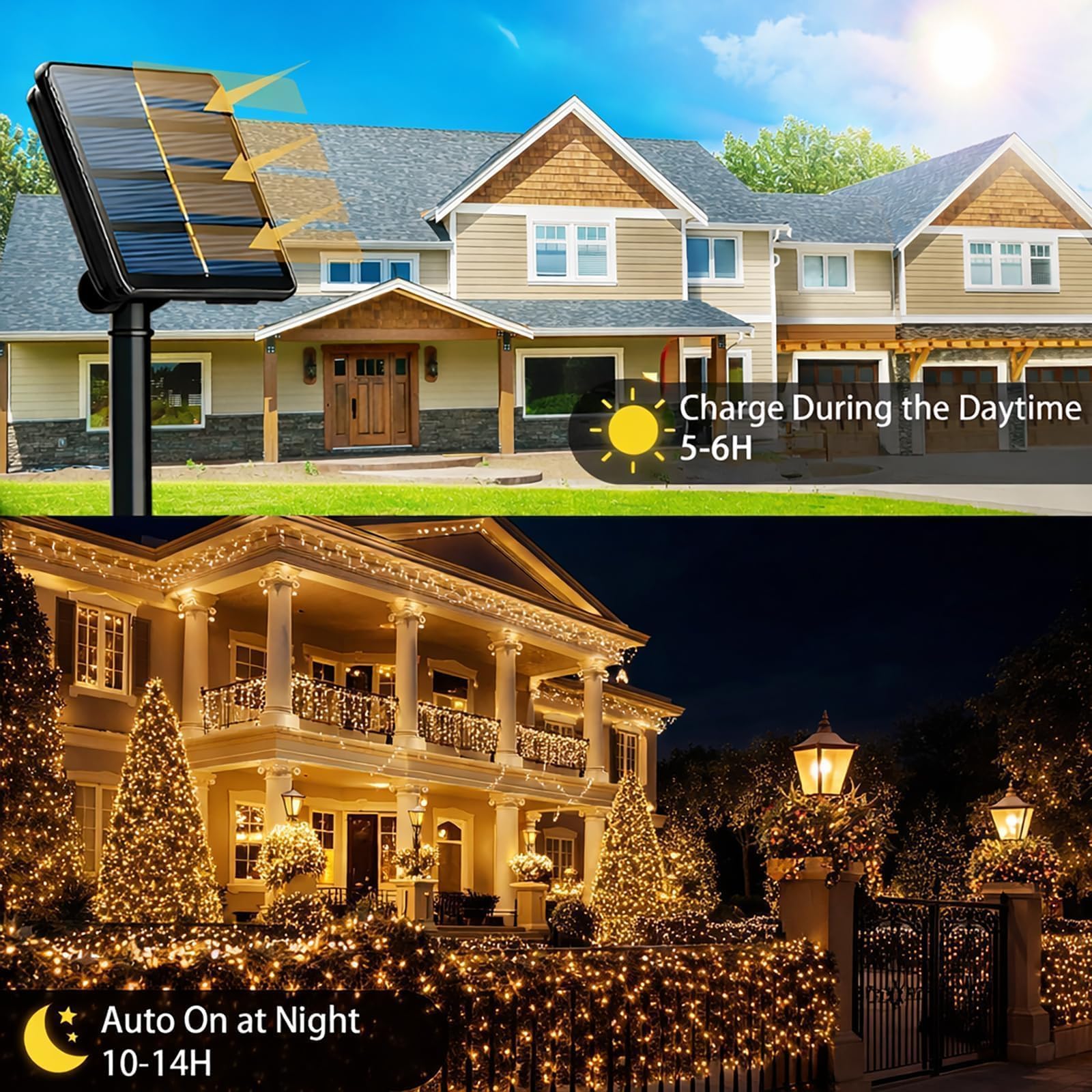 SyouHome Confezione da 4 luci solari per esterni, 800 LED extra lunghe 60 m, 8 modalità e impermeabili IP65, luci scintillanti per giardino, Natale, balcone, albero, festa di nozze (calda)