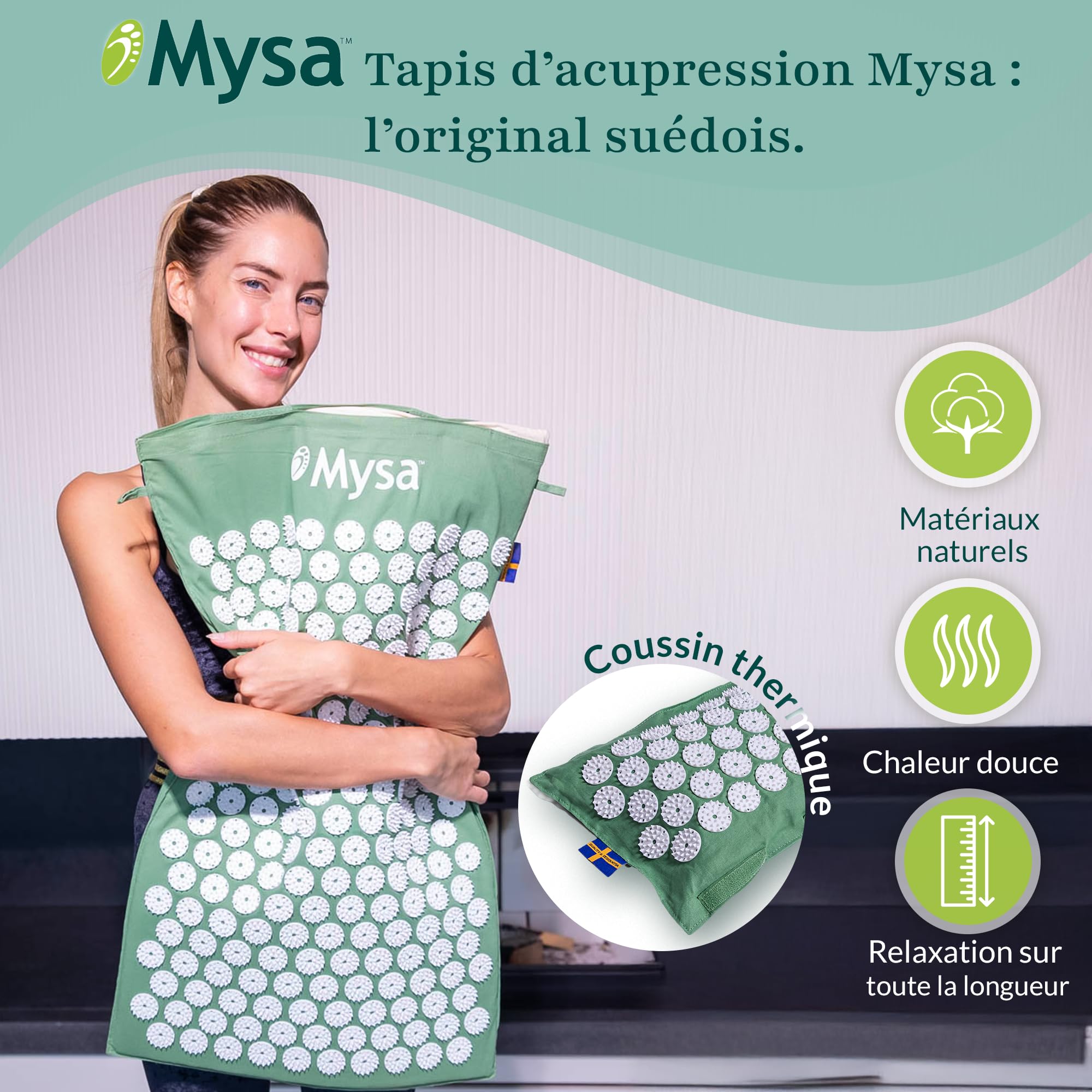 Thermo MYSA Duo - Tapis d'acupression Original avec Coussin Thermique – Relaxation Dos et Nuque, Fleurs à 33 Points de précision, Bien-être Total, Design suédois