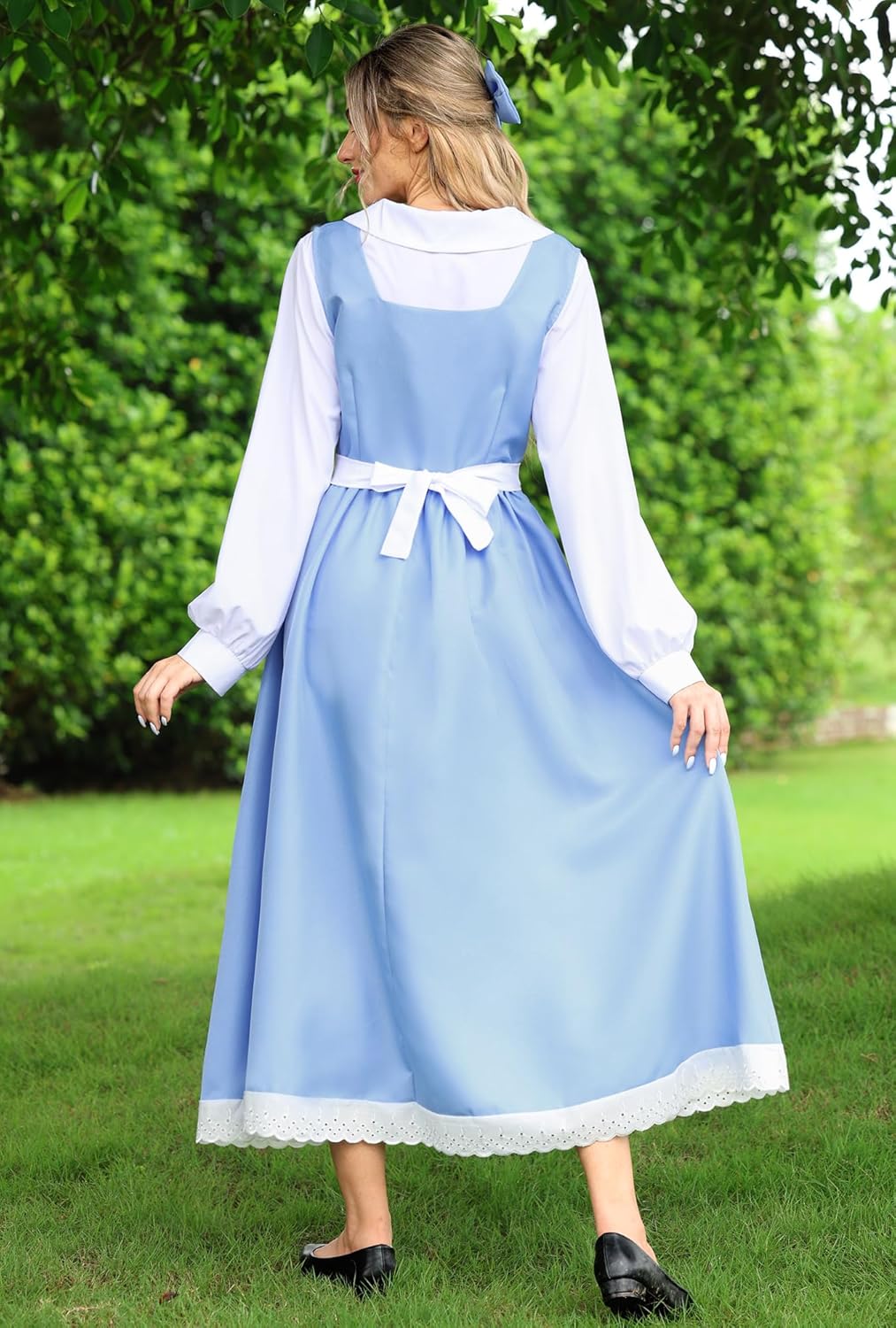 Women Halloween Maid Beller Adult Costume Peter Pan Collar Peasant Apron Long Sleeve Cosplay Princess Dress Blue White M