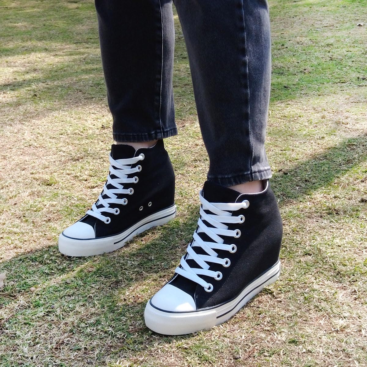 Donna Zeppe Scarpe di Tela High Top Traspirante Lacci Nascosto Zeppe Stivaletti Casual Sneaker