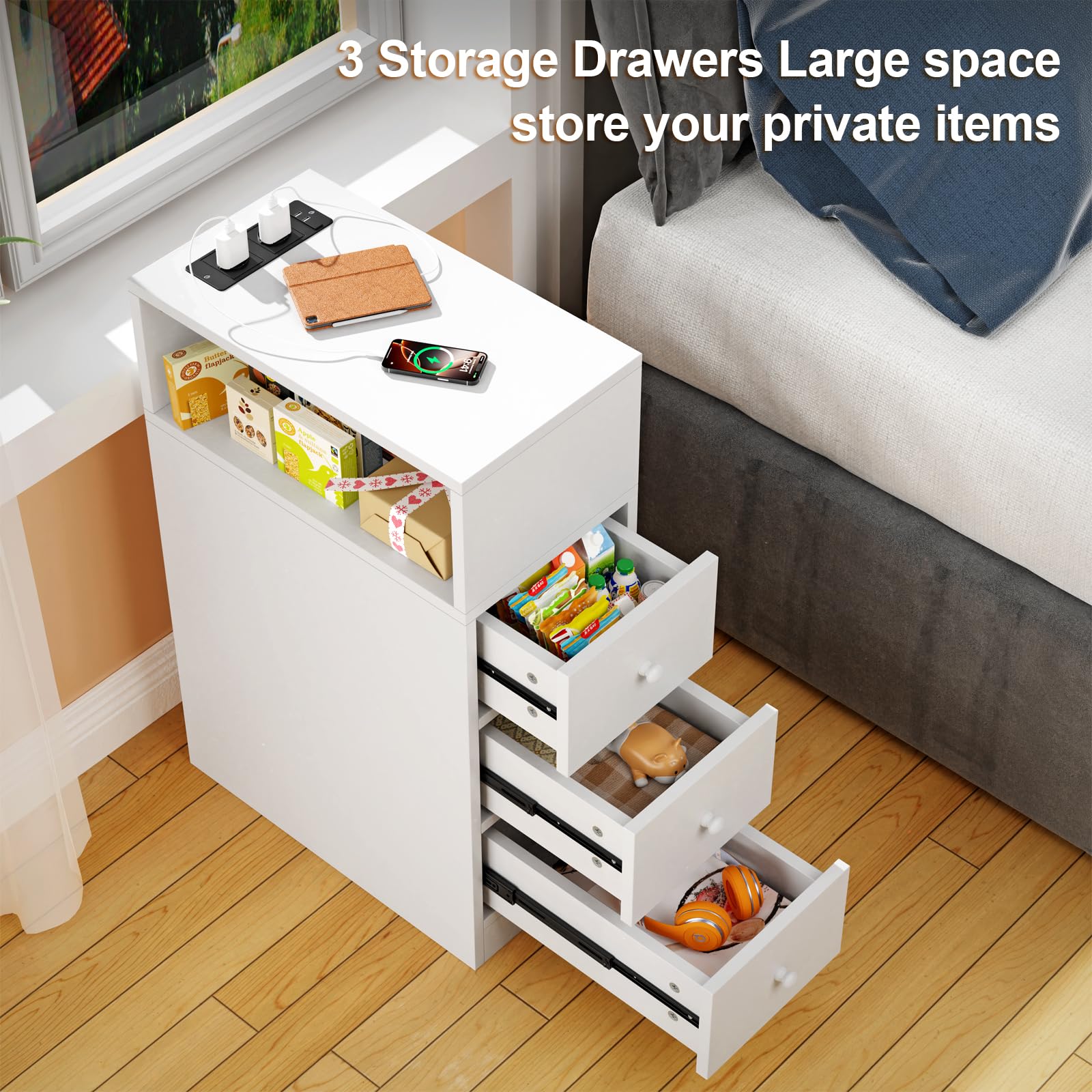 Comodino Stretto con Prese e Porte USB Bianco Comodino con Scomparti a Giorno e Cassetto Tavolino da Notte Mobile Salvaspazio per Camera da Letto Soggiorno 45x25x70cm Comodini Strett, 1 pezzo