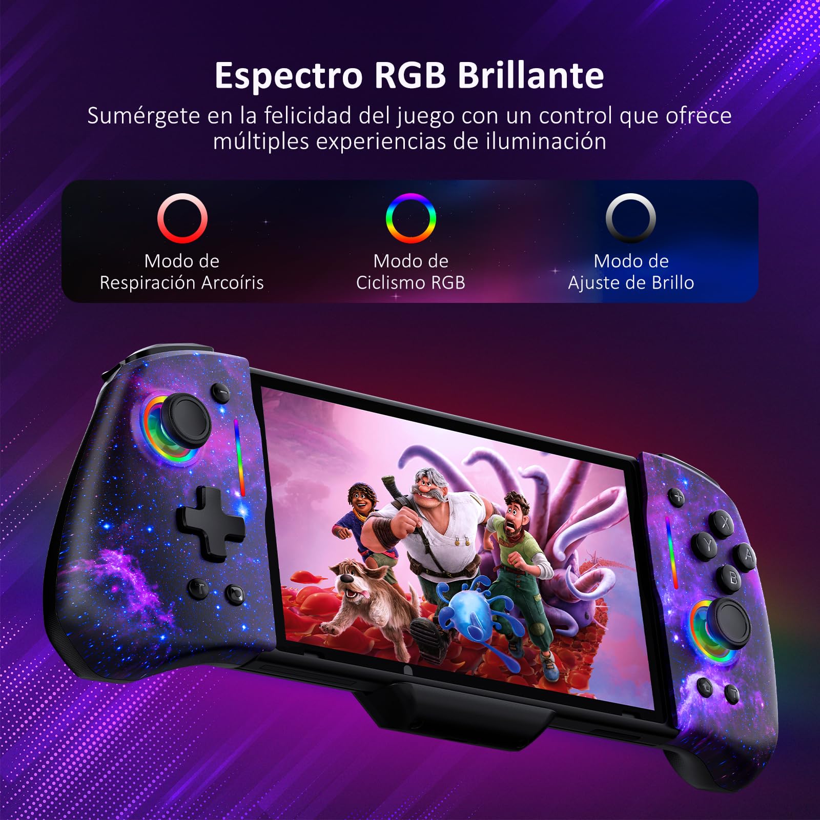 NexiGo Hall Effect Gripcon (Sin Deriva, Sin Zona Muerta) con Joystick de Detección de Efecto Hall para Switch/Switch OLED, Luz RGB Ajustable, Giroscopio de 6 Ejes, Turbo, Mapeo (Cosmic Nebula)