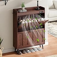 ChooChoo Walnut Slim Shoe Cabinet with Deodorizer & 2 Flip Drawers - Narrow Entryway Organizer for 16 Pairs of Shoes