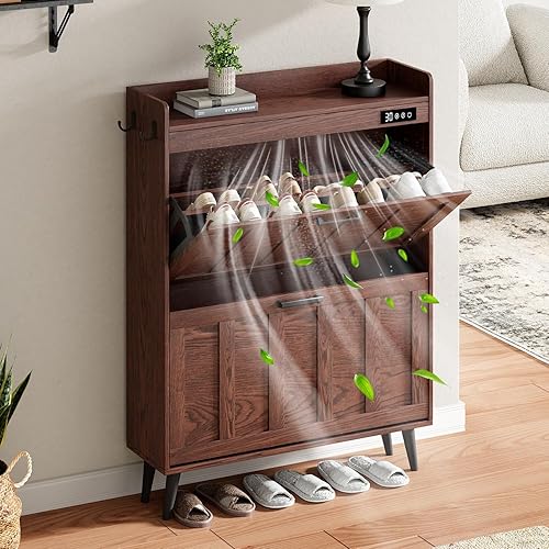 Miniatura 13 de ChooChoo Armario de almacenamiento de zapatos con 2 cajones abatibles, organizador de zapatos desodorizante para entrada, gabinete independiente