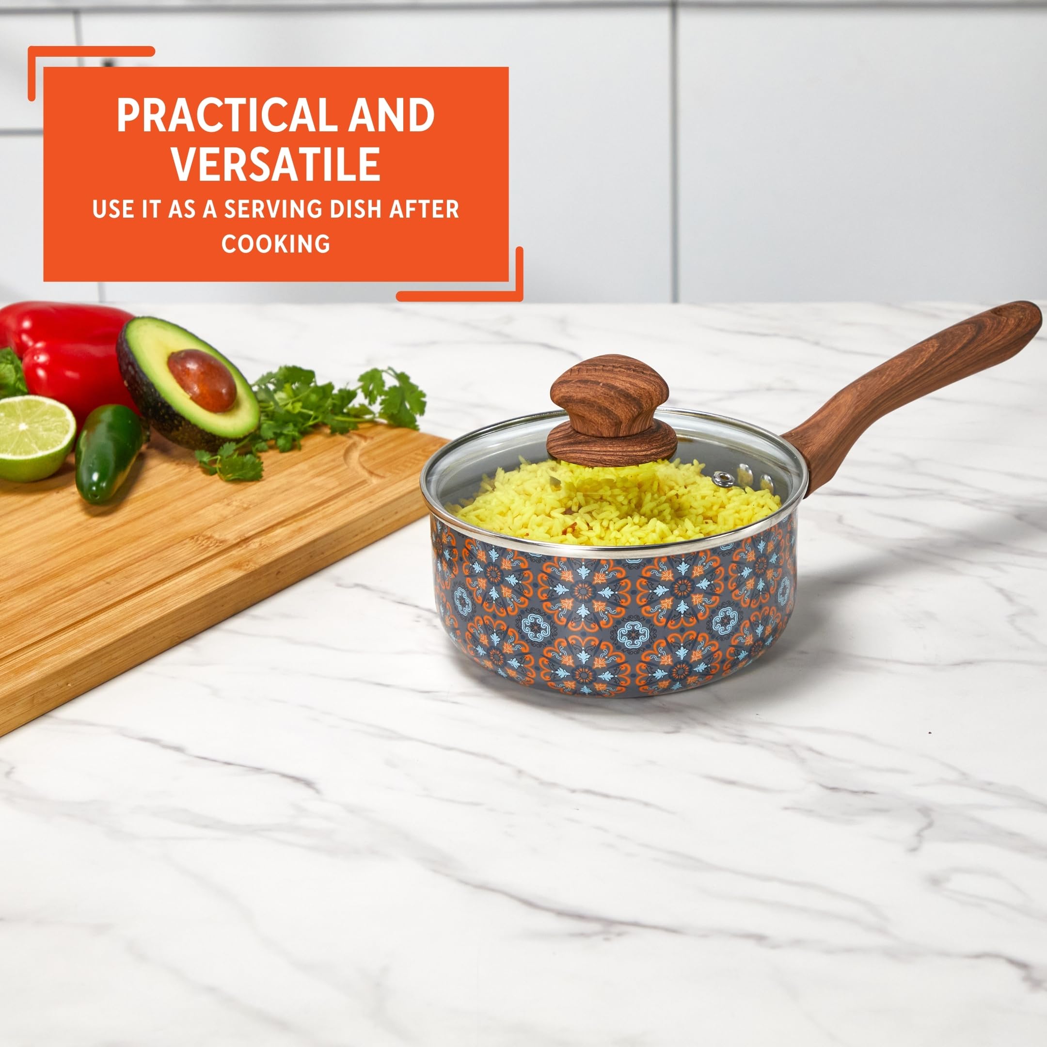 IMUSA Talavera - Casseruola antiaderente con coperchio, effetto legno e manico morbido, rivestimento in ceramica