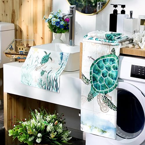 Miniatura 2 de Preboun Juego de 3 toallas de baño con diseño de tortuga marina, tortugas marinas, mapa de estrellas de mar, toallas de mano suaves vintage, toallas