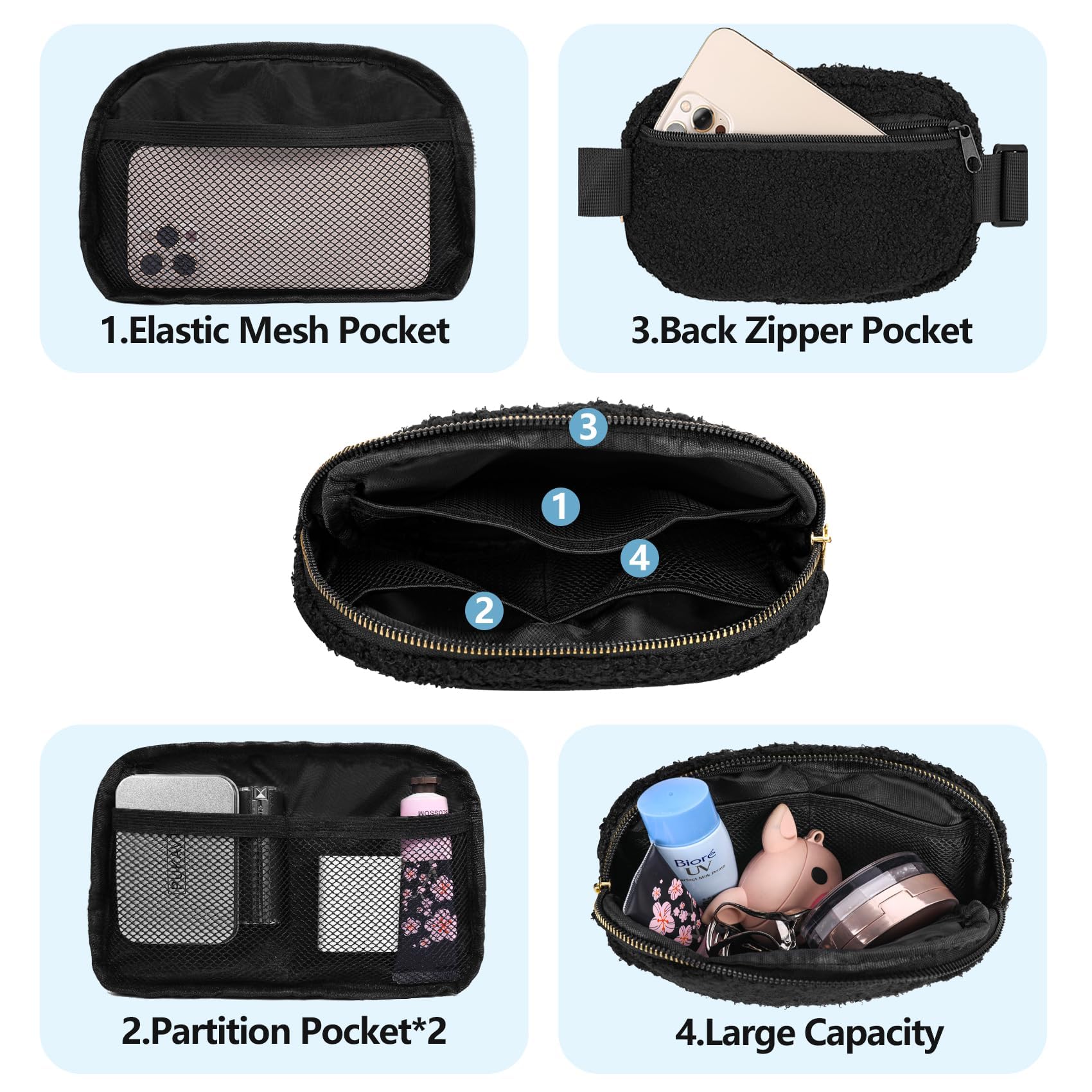 VKIOIP Riñonera unisex con correa ajustable, manos libres, con cremallera, para mujer y hombre, para senderismo, correr, regalos deportivos, Negro(Fleece Black), Riñonera de forro polar