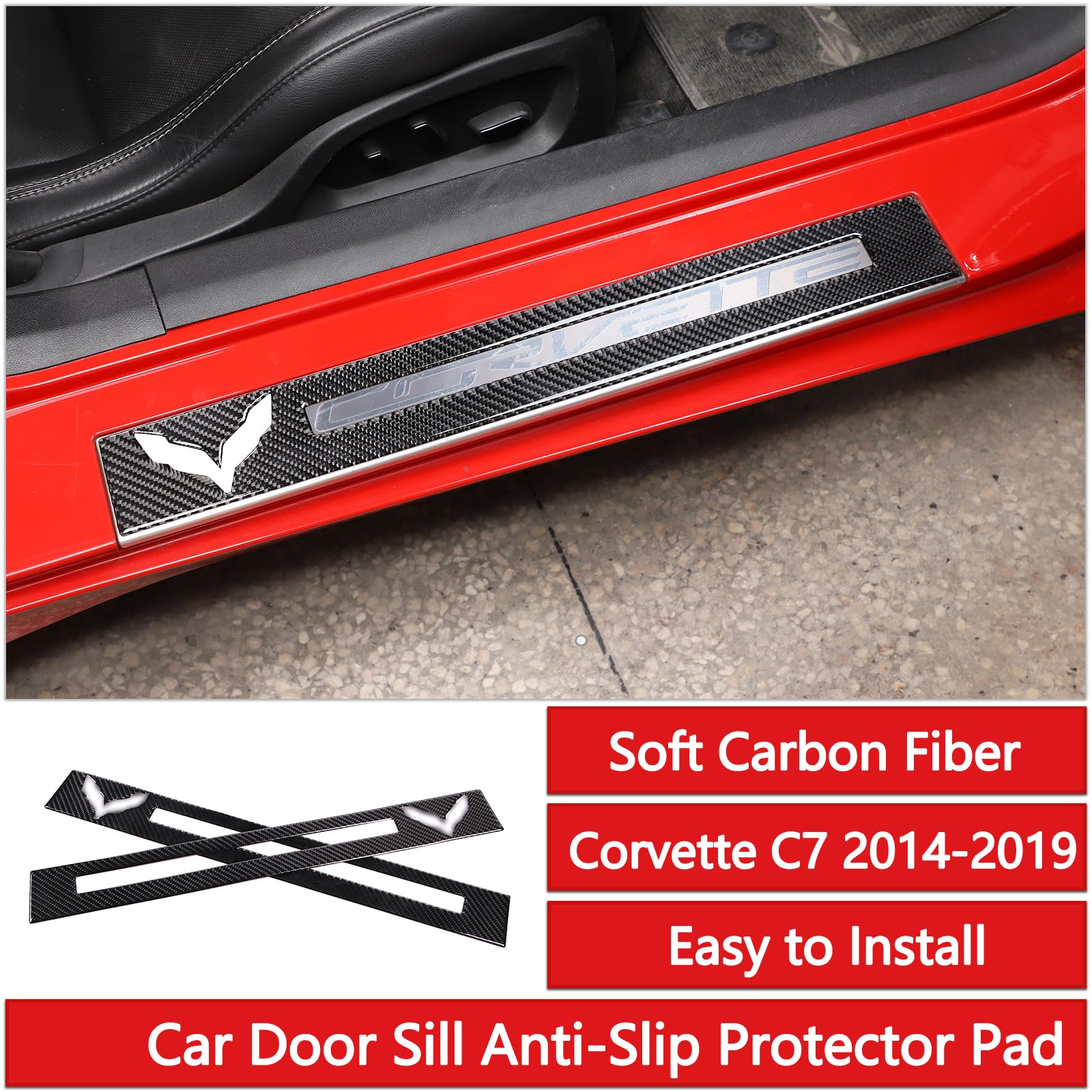 Car Door Sill Protector Cover,Carbon Fiber Inner Door Sill Anti-Slip Guard Trim 2PCS, Interior Door Sill Cover Scuff Plate Trim Sticker Compatible with Chevrolet Corvette C7 2014-2019 (Black Carbon)