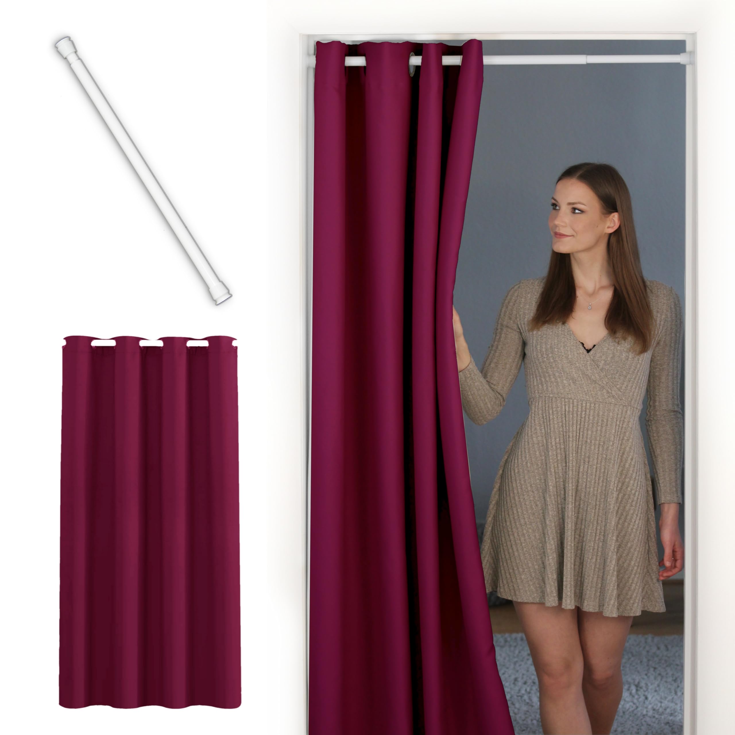 tinycurtains, Thermo Türvorhang mit Teleskopstange, einfache Montage in nur 1 Minute ohne Bohren (Türgardine Bordeaux rot H200 x B150 cm + Stange weiß B70-120 cm)
