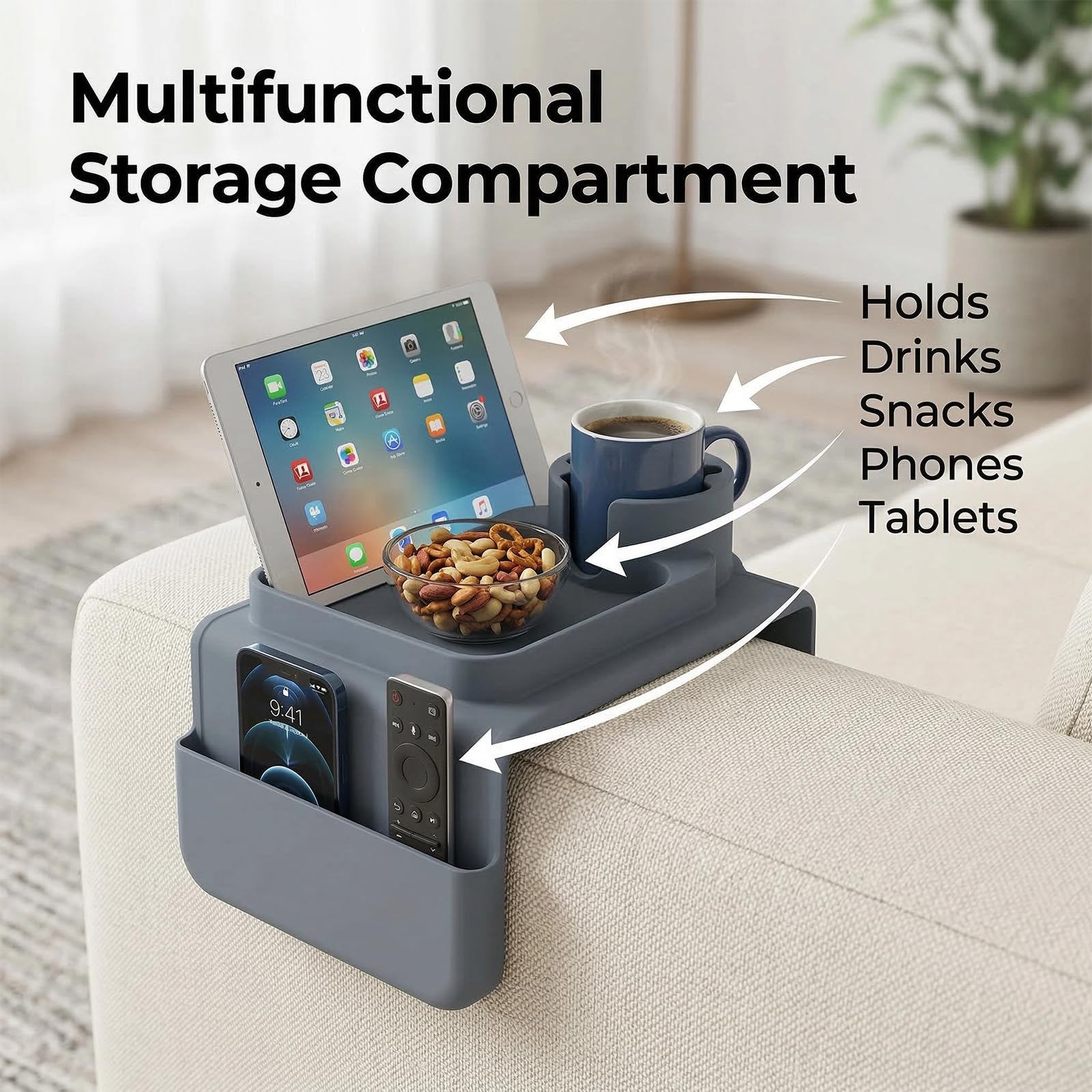 Sofatablett Armlehne mit Getränkehalter, Faltbares Anti Rutsch Sofa Tablett aus Silikon mit Zwei Seitentaschen Couch Ablage für Snacks Getränke Fernbedienung Handy Magazin Armlehnen Tablett Organizer