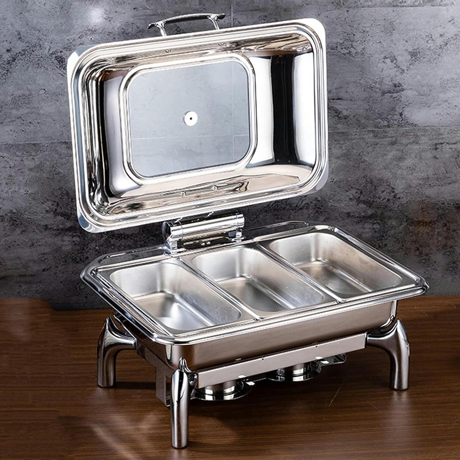 Scaldavivande - Piatto Caldo per Alimenti, Set da Buffet in Acciaio Inox con Coperchio in Vetro e Supporto per Coperchio Integrato per Feste, cene e pranzi,304-three-9L