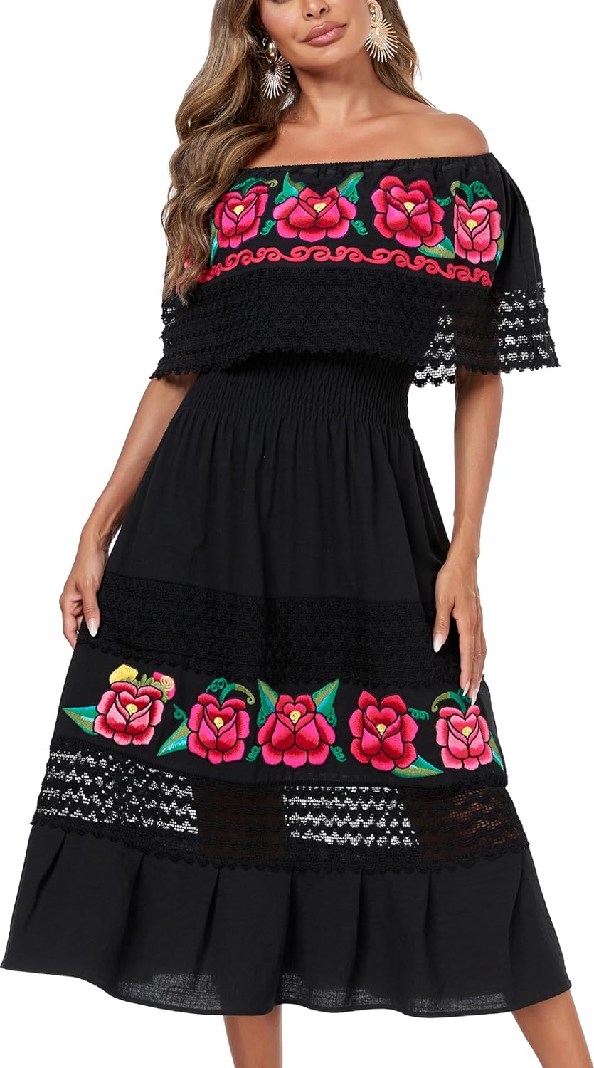 YZXDORWJ Women Embroidered Mexican Peasant Casual Sexy Lace Off-Shoulder Long Dress - Image 4