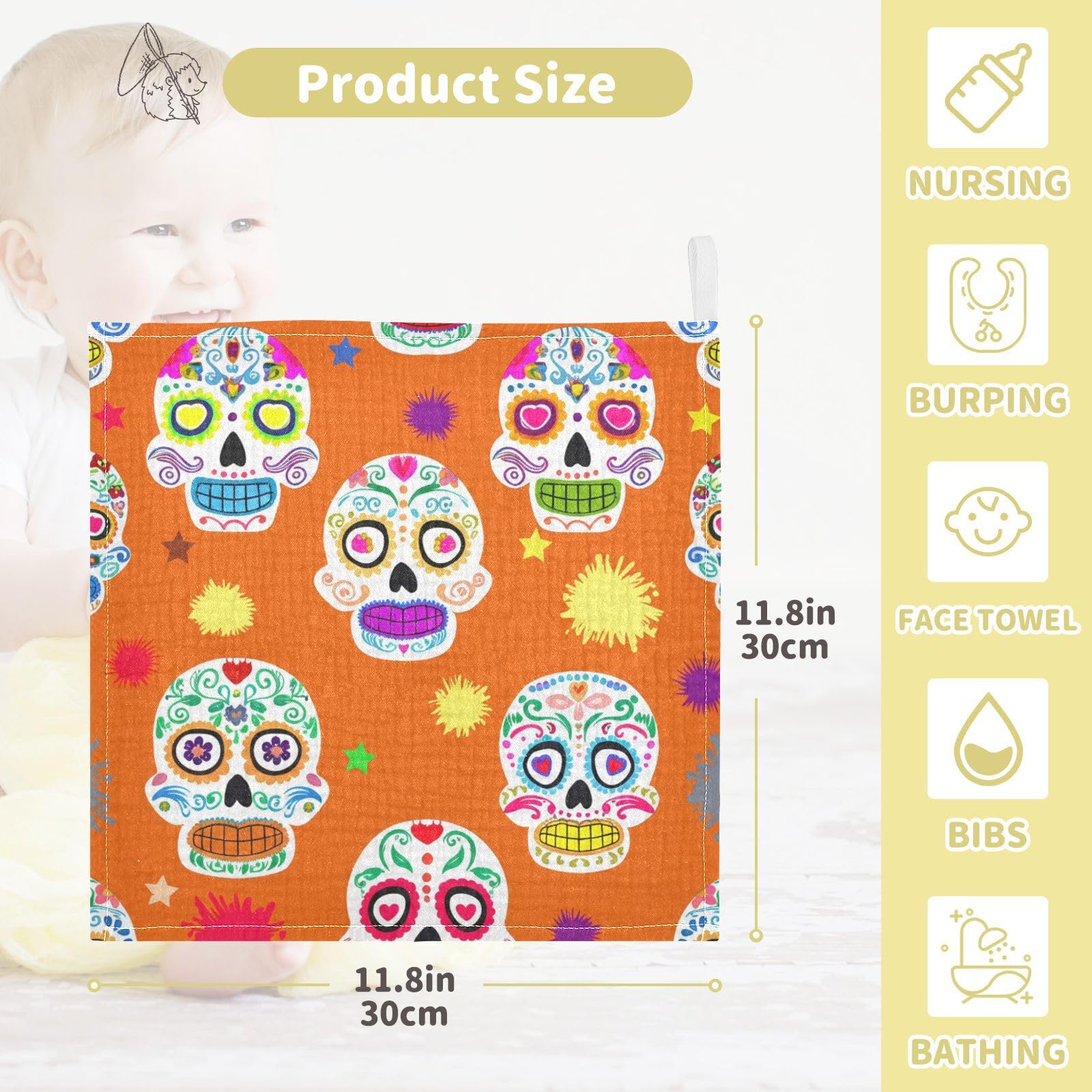 Nander 3Pack Baby Muslin Washcloths,Colored Sugar Skull Soft Face Cloths for Newborn, Absorbent Bath Wash Cloths, Wipes, Burp Rag,Toddlers Essentials Stuff, Baby Registry as Shower