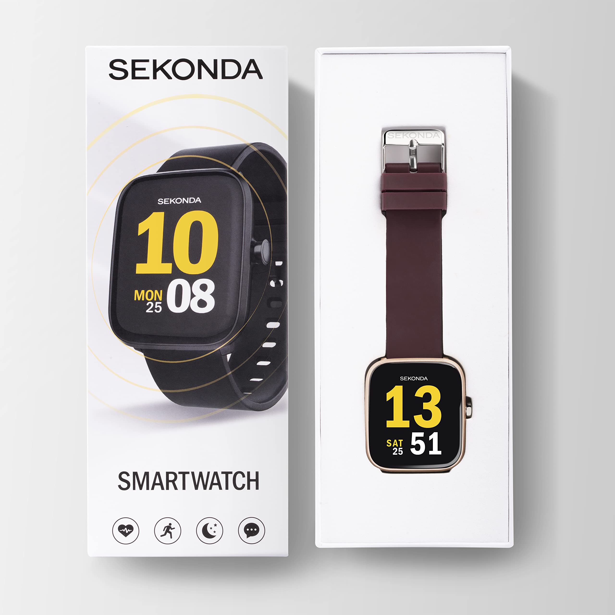 Sekonda Inteligentny zegarek Motion 36 mm z pulsometrem i monitorem snu, codzienna aktywność, sport, muzyka, funkcja pogody i wiadomości, z gumowym paskiem.