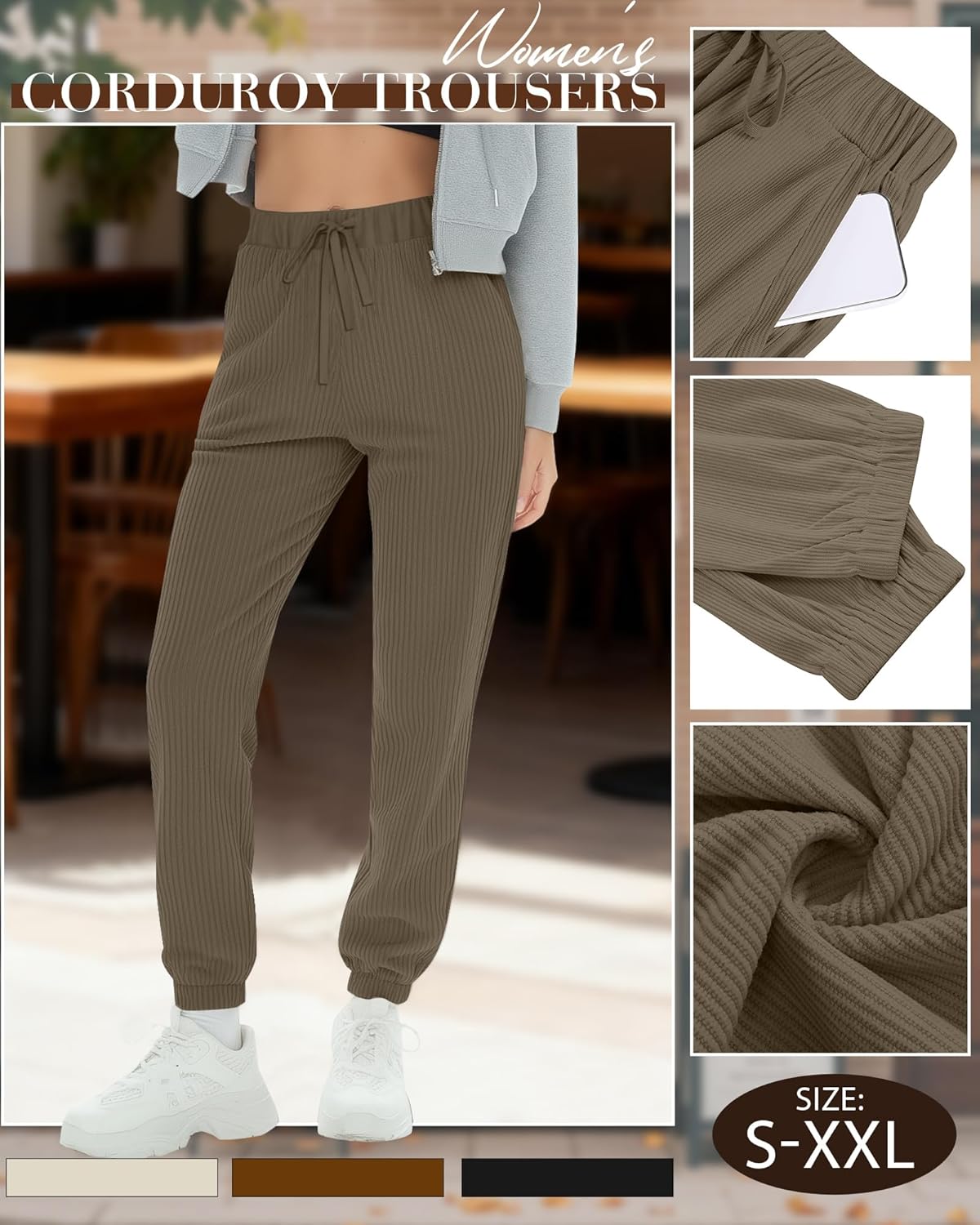 3 Pack Women's Corduroy Pants Joggers Casual Drawstring High Waist Straight Leg Baggy Sweatpants with Pockets - Image 5