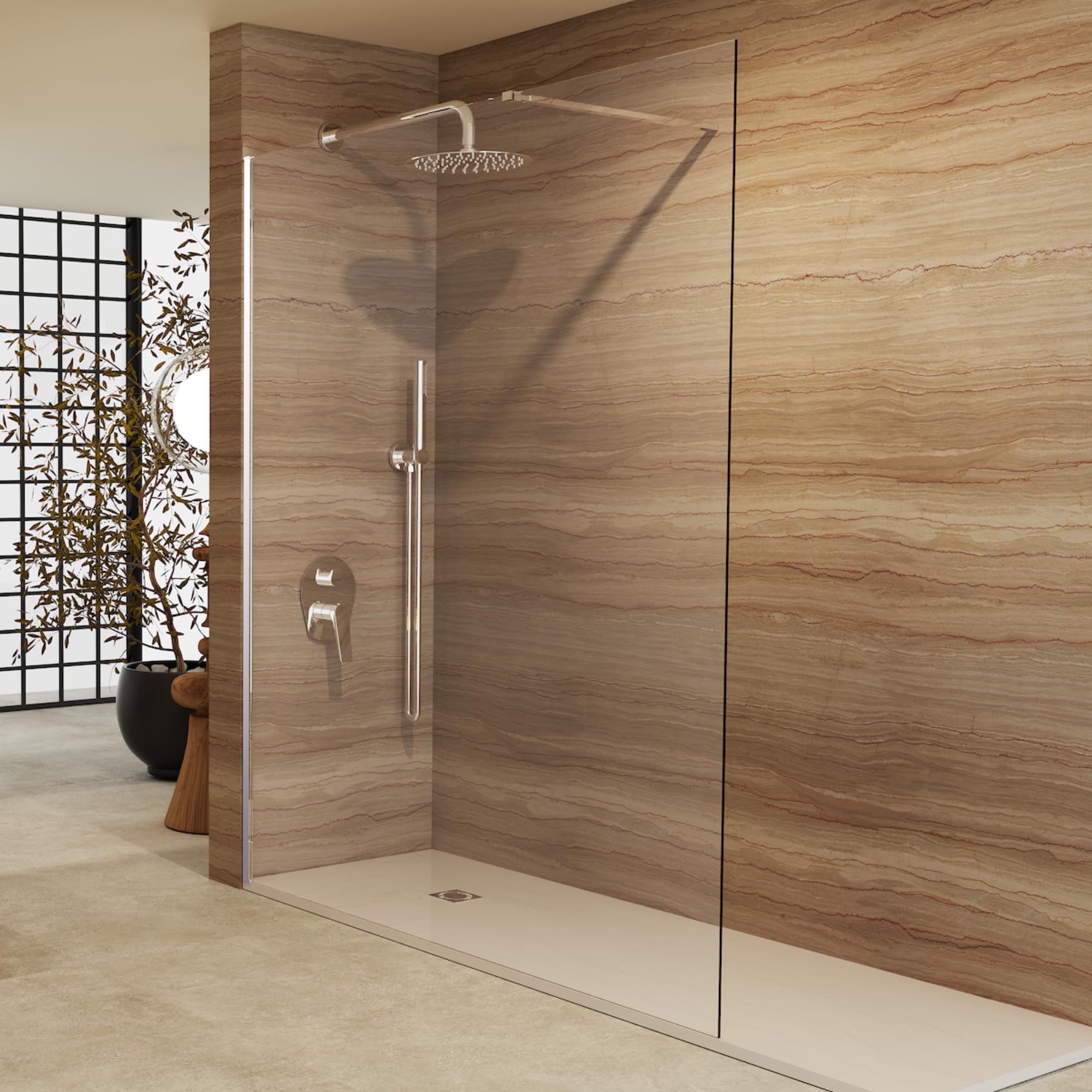 IMEX - Mampara Ducha Fija 50cm Frontal Cromada con Brazo de Sujeción | Mampara de Cristal Antical y Perfilería de Aluminio con 200cm de Altura | Vidrio con Grosor 8mm y Sistema de Montaje Fácil