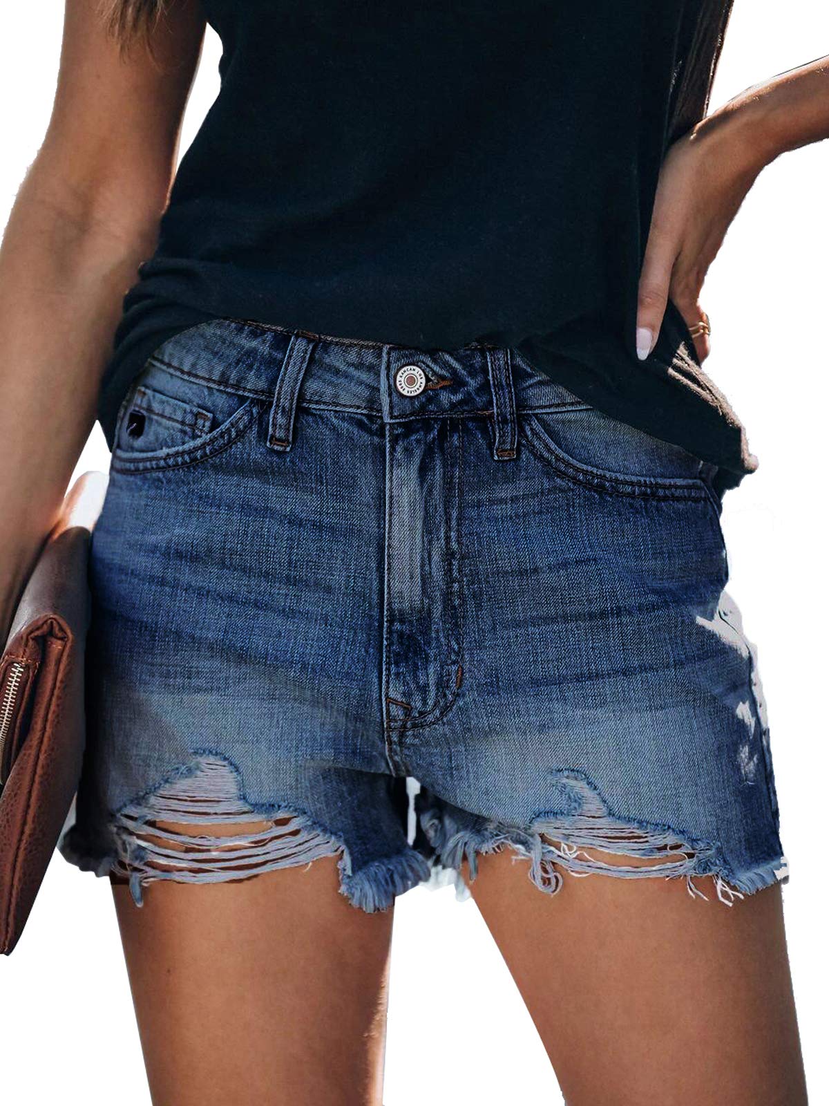 Photo 1 of Govc Womens Summer Casual High Rise Ripped Frayed Raw Stretchy Denim Jean Shorts Darkblue Medium