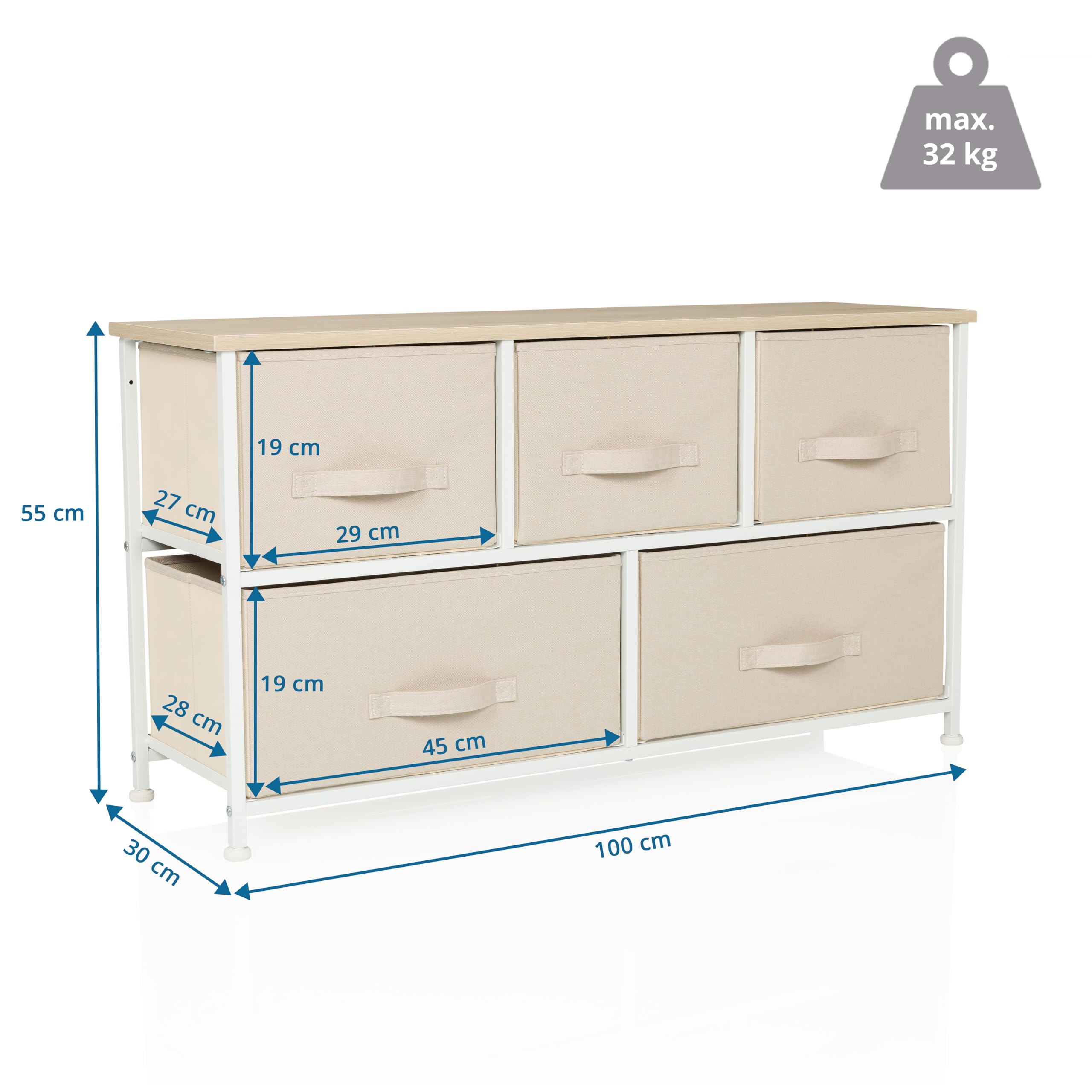 Kommode mit 5 Stoffschubladen, 100x30x55 cm, Beige | Schubladenkommode Organizer, höhenverstellbare Fußgleiter, Metall-Gestell