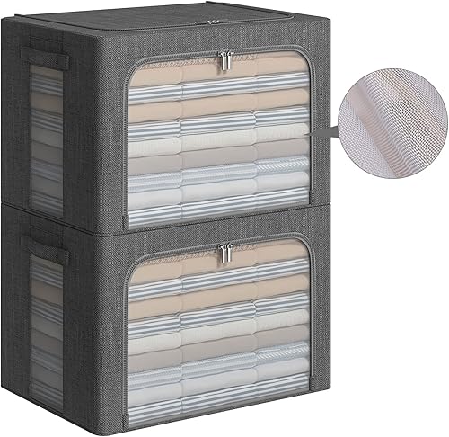 Paquete de 2 contenedores de almacenamiento de ropa, caja de almacenamiento plegable con marco de metal con ventanas de malla, juego organizador de