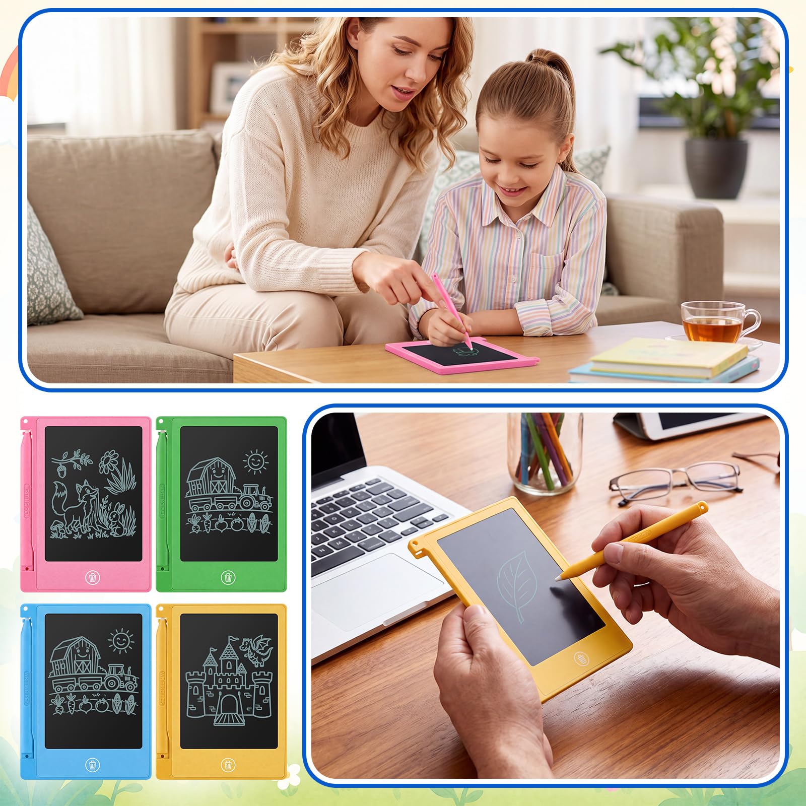Nezyo 16 mini tabletas de escritura LCD de 4.5 pulgadas para niños, tablero electrónico de garabatos, tableta de dibujo colorida, bloc de escritura borrable a granel, reutilizable, regalo de