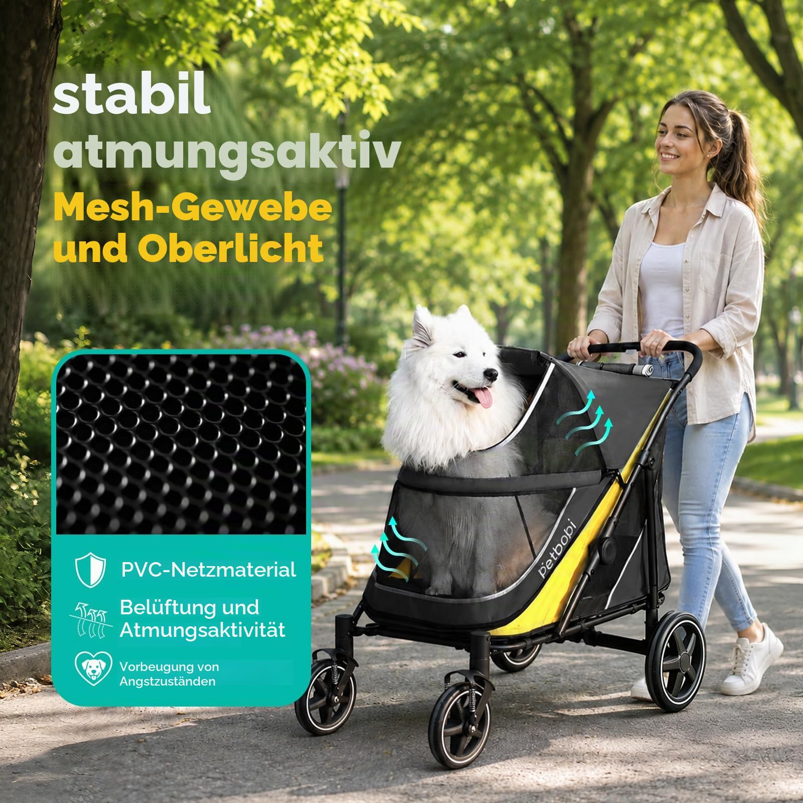Petbobi Hundekinderwagen für mittelgroße und große Hunde, leicht zusammenklappbar, Doppel-Einstieg, Fußbremse, All-Terrain mit Luftnetz, ideal für ältere Haustiere bis 36 kg, Schwarz