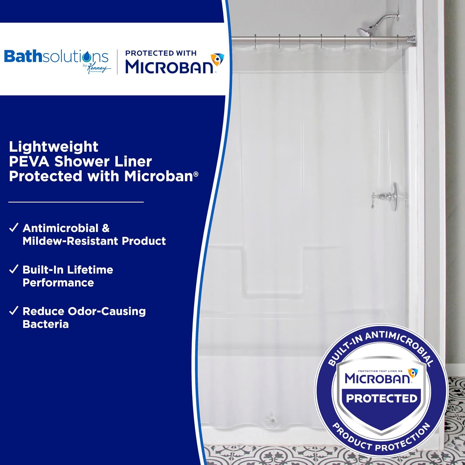 Kenney MB61122PK2 Microban Protected Lightweight 2.8 Gauge Waterproof PEVA Shower Curtain Liner with Durable Eyelet Hang Holes and Weighted Magnetic Hem for Bathroom, 70" W x 72" H, Clear, 2-Pack