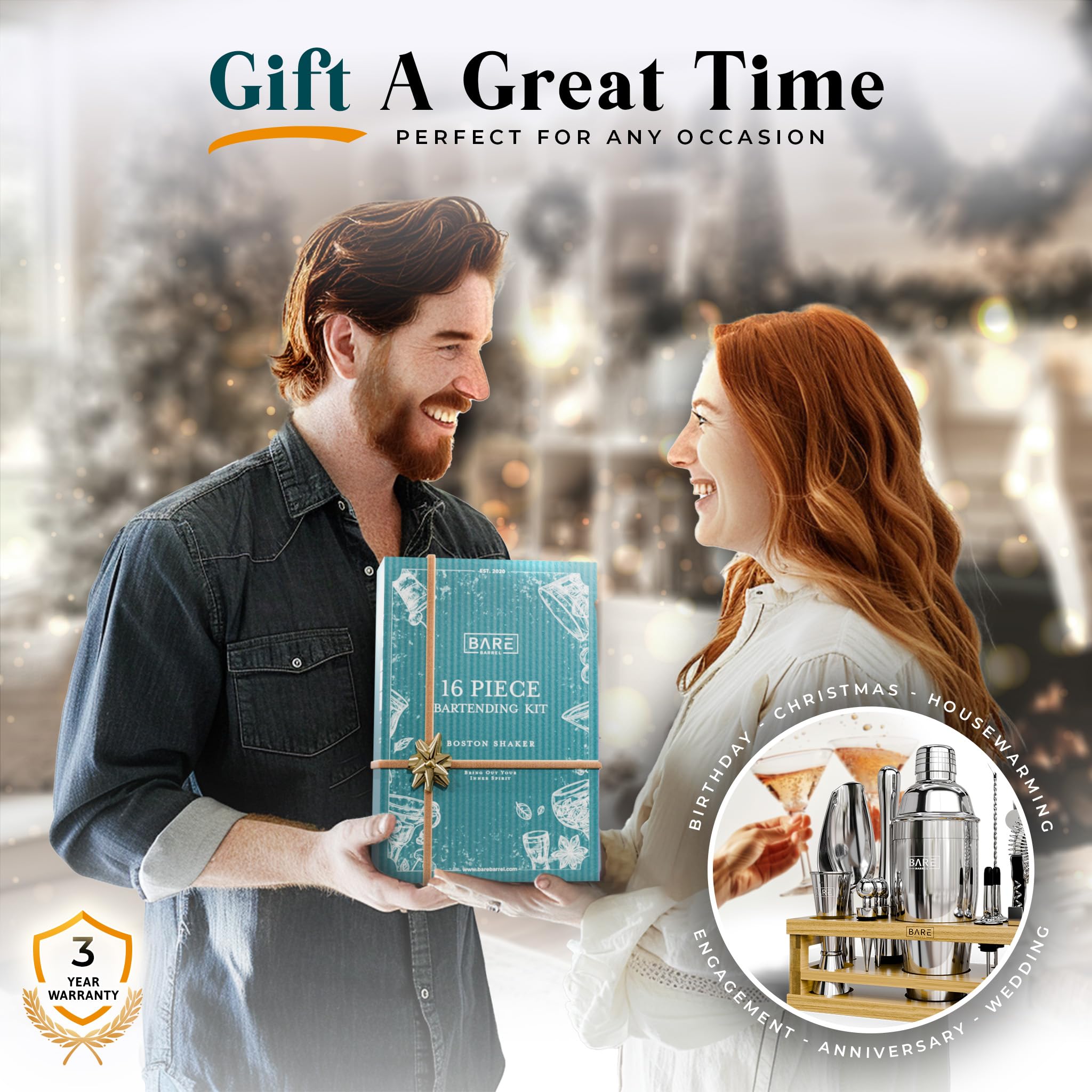 BARE BARREL® Mixology - Juego de bar para barman | Juego de coctelera de 16 piezas | Herramientas de mezcla de Martini para bar en casa | Incluye 35 tarjetas de recetas | Juego de regalo (coctelera de