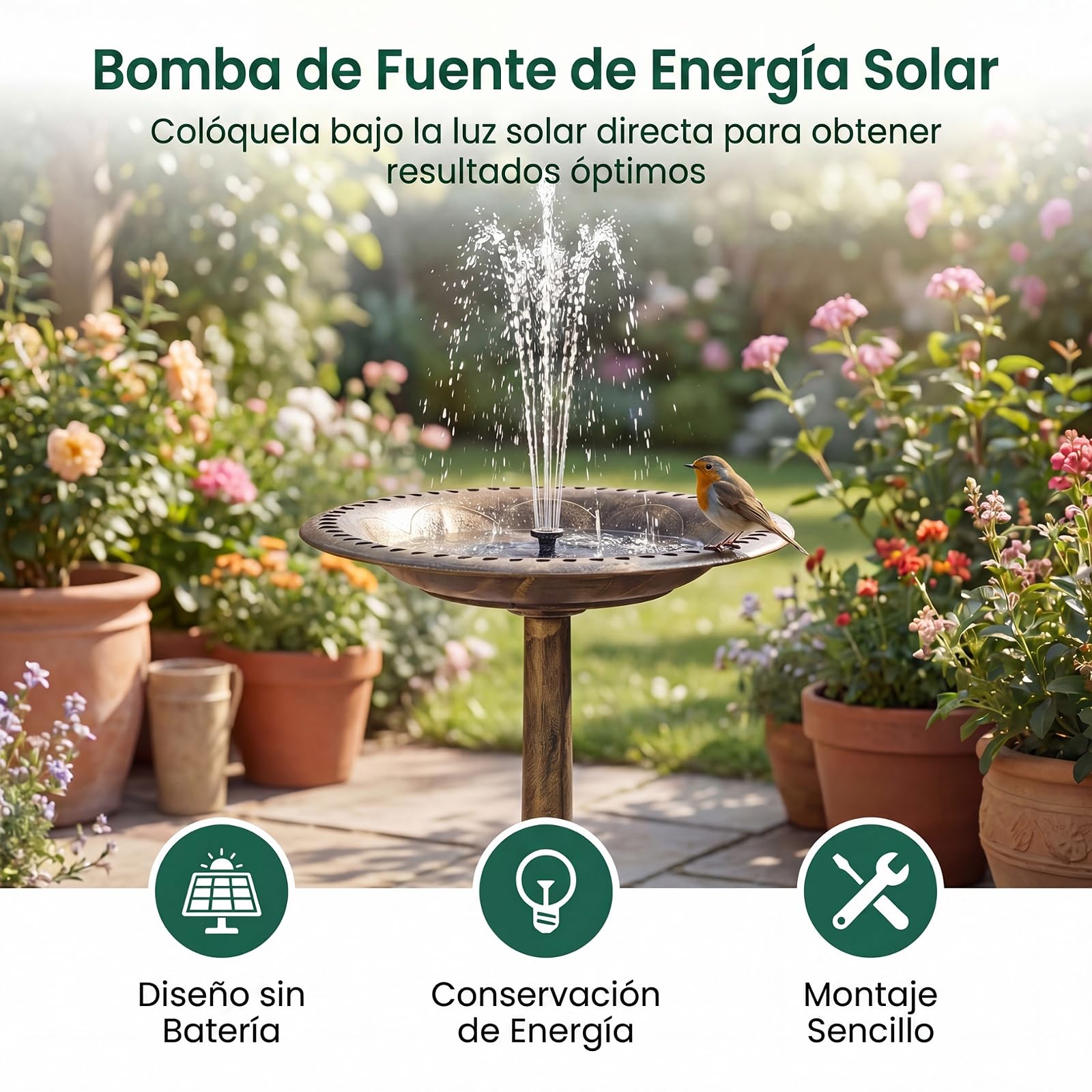 GYMAX Baño para Pájaros con Fuente Solar 2 en 1, Bebedero de Pájaros de Pie Antiguo con 6 Boquillas y 3 Estacas, Comedero para Aves Vintage para Patio, Jardín, 51 x 51 x 71 cm