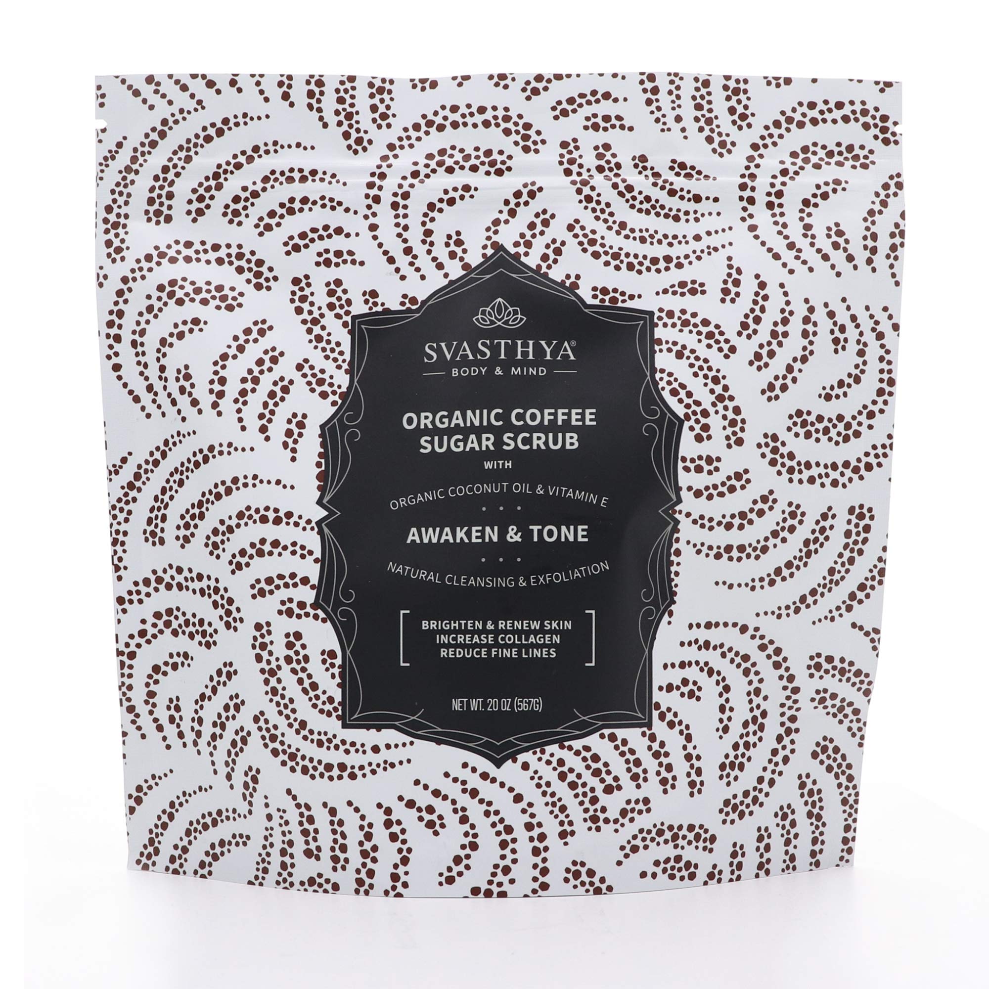 SVASTHYA BODY & MIND Organic Coffee Sugar Scrub - Awaken, Tone, Exfoliate and Moisturize the Skin, Has Vitamin E, Almond and Coconut Oil for Glowing Skin - VEGAN, Made In The USA, 20 oz